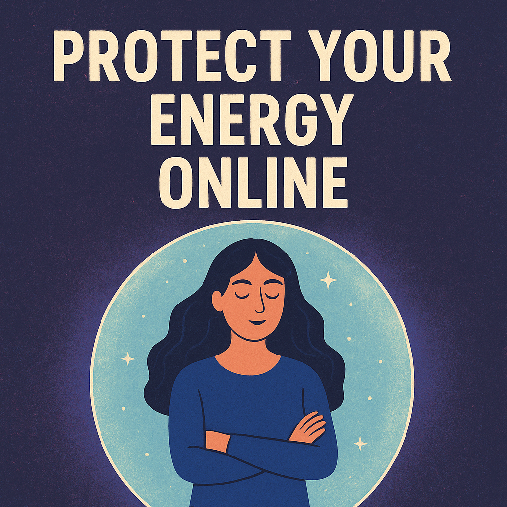 Protect your energy online – calm woman in glowing violet shield symbolizing psychic protection and boundaries on social media.