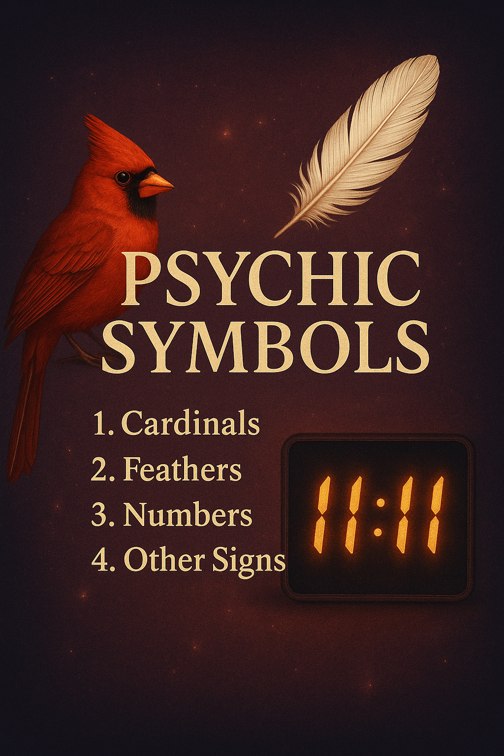 Mystical image with a red cardinal, white feather, glowing 11:11, and the words “Psychic Symbols” on a violet cosmic background.
