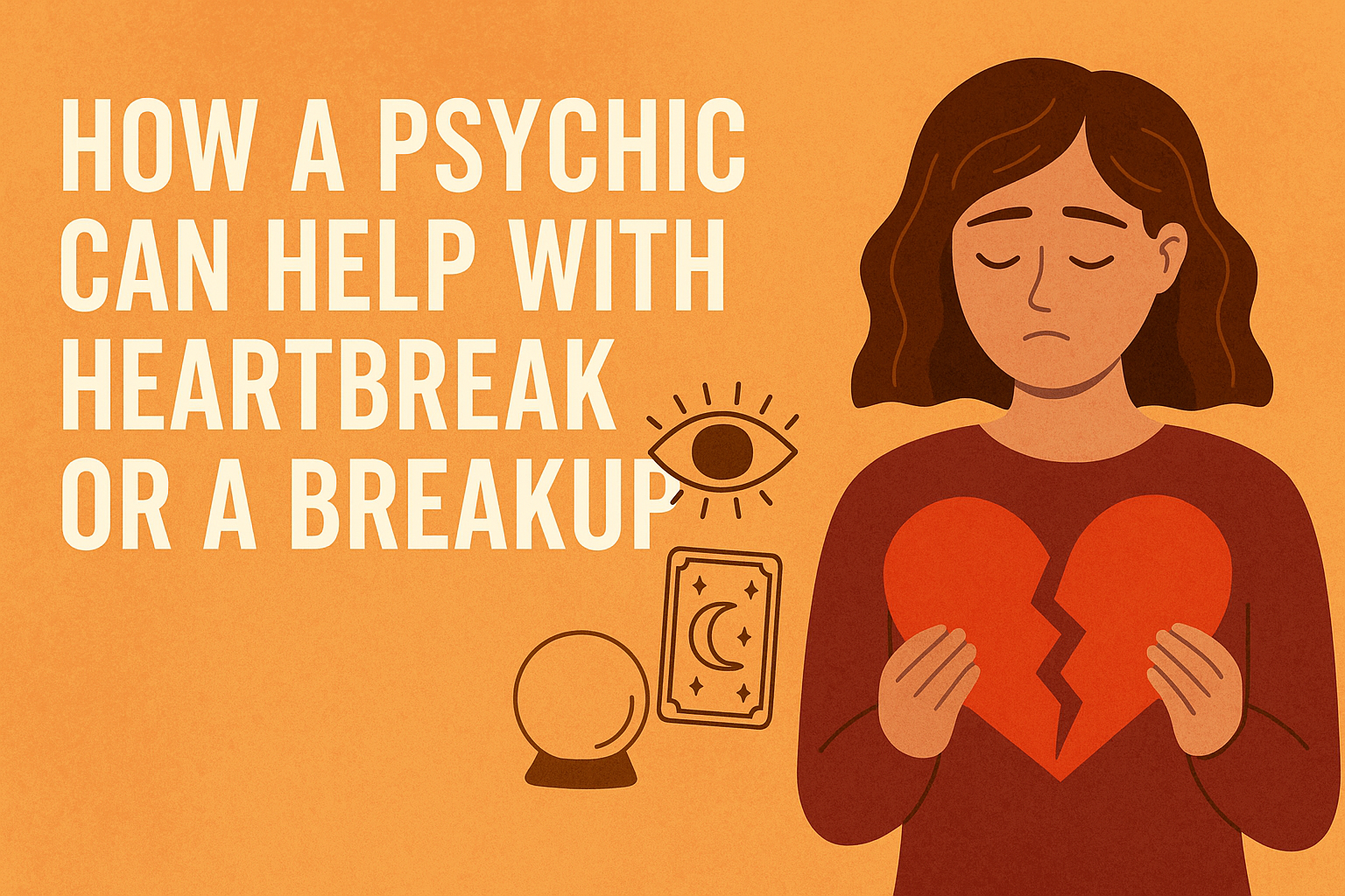 orange background with cartoon woman holding a broken red heart with text "how a psychic can help you with heartbreak"