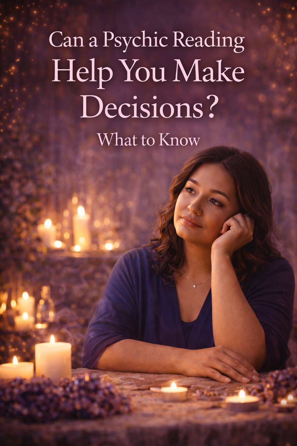 Woman sitting in a calm candlelit setting thinking about an important decision and considering a psychic reading for guidance