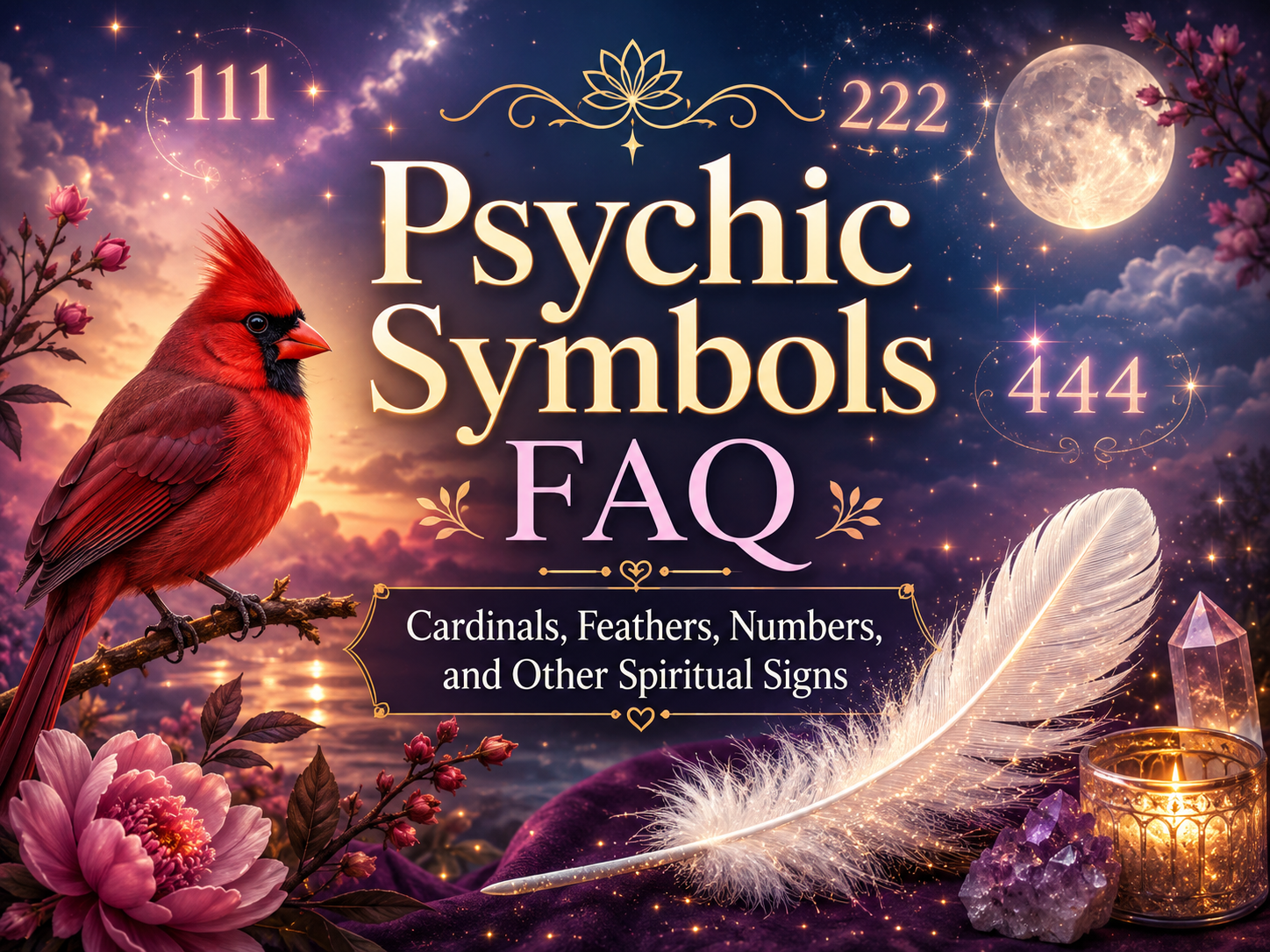 Red cardinal, white feather, angel numbers, moon, and crystals illustrating common psychic symbols and spiritual signs.