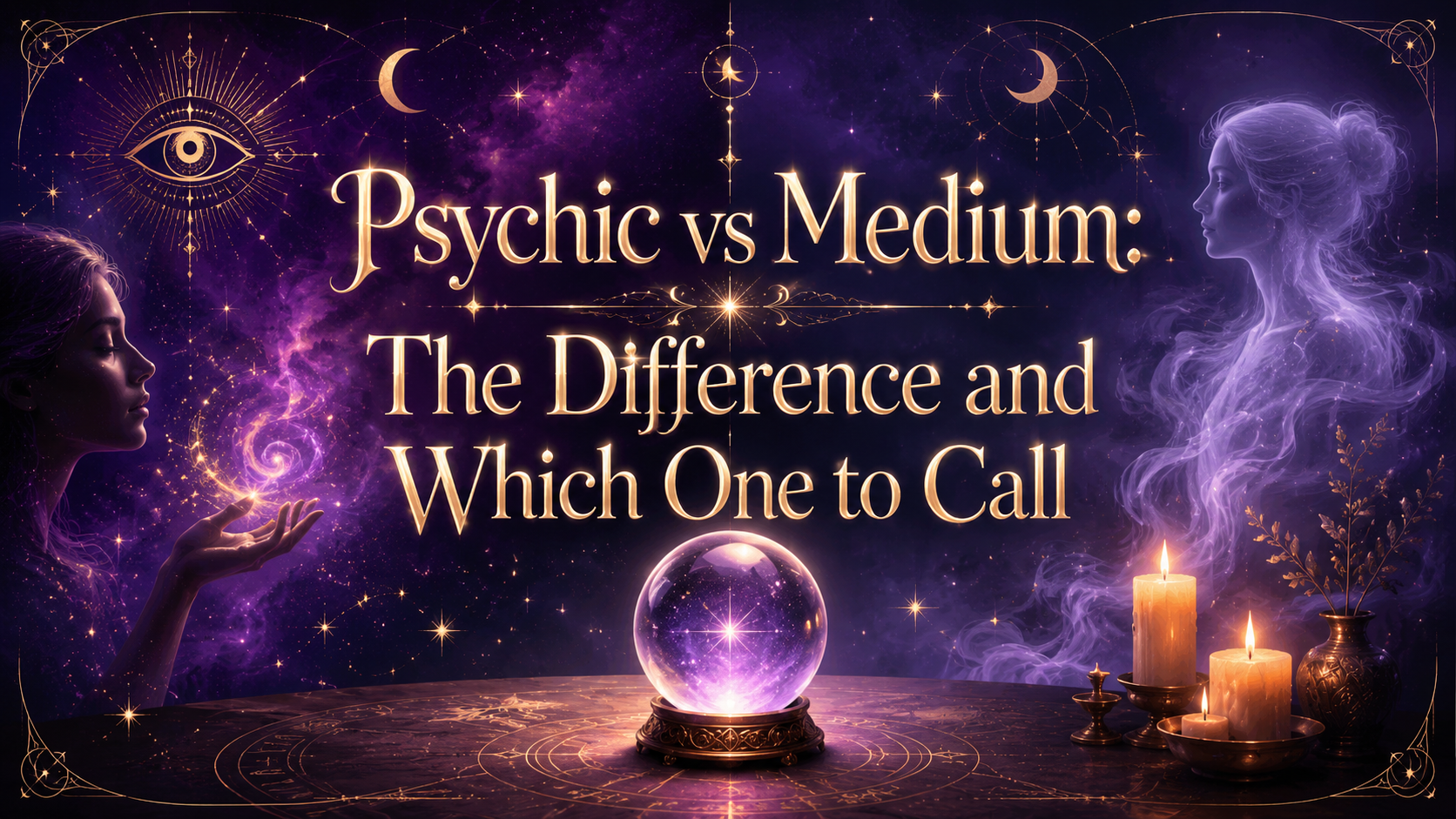 Mystical purple image with a crystal ball, candles, psychic symbols, and two spiritual female figures beside the words “Psychic vs Medium: The Difference and Which One to Call.”