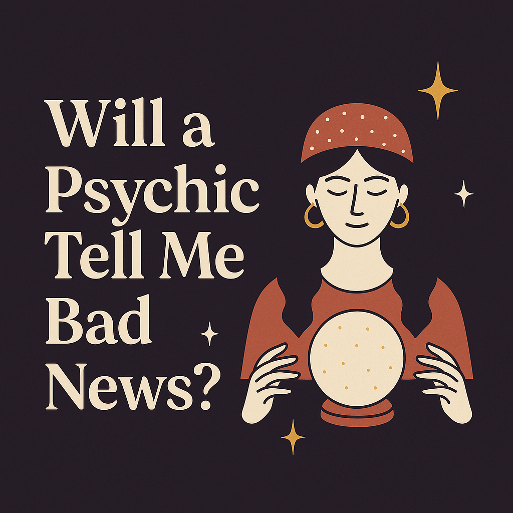 Illustrated design featuring the words “Will a Psychic Tell Me Bad News?” in cream-colored serif font on a dark purple background. To the right, a serene female psychic with a rust-colored headscarf and gold hoop earrings holds a glowing crystal ball, surrounded by golden star accents.