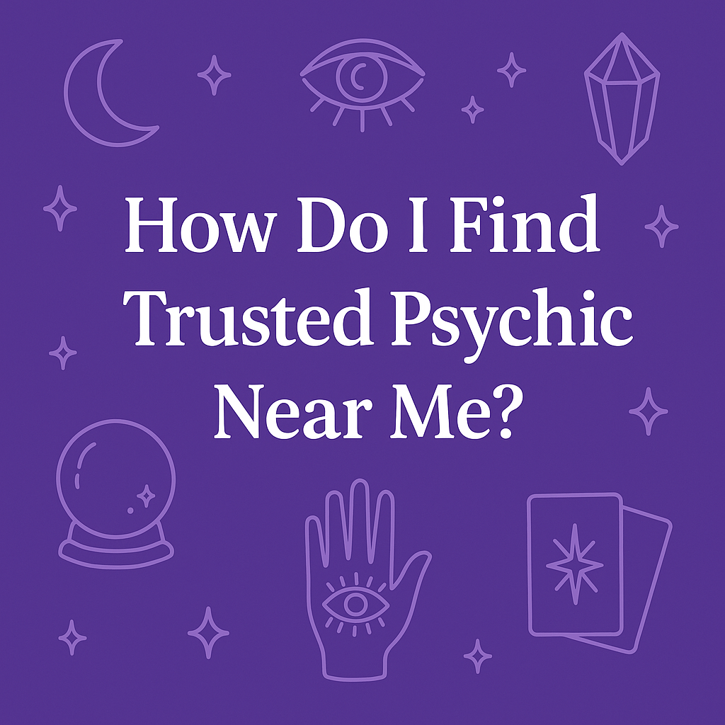 Trusted psychic near me graphic with moon, tarot cards, and crystal ball