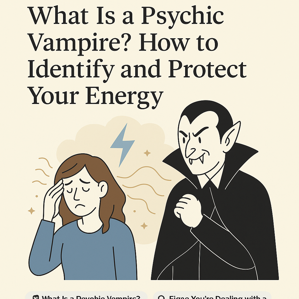 A flat-style digital illustration depicts a person shielding themselves from swirling, dark energy tendrils representing a psychic vampire. The figure stands in a protective glowing bubble of light, symbolizing personal boundaries and energy protection.
