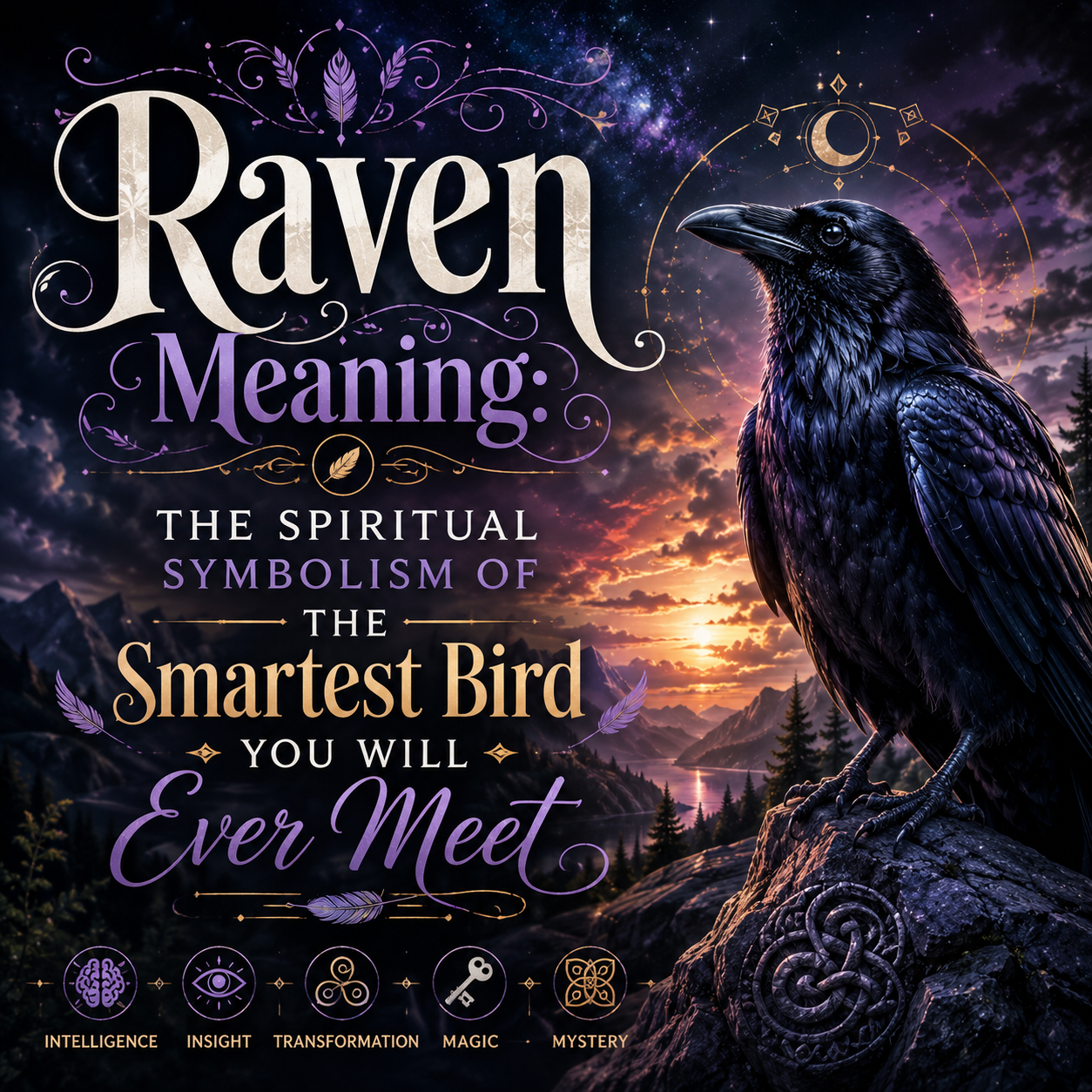 Raven spiritual meaning illustration showing a raven as a symbol of intelligence, intuition, transformation, mystery, and spiritual insight.