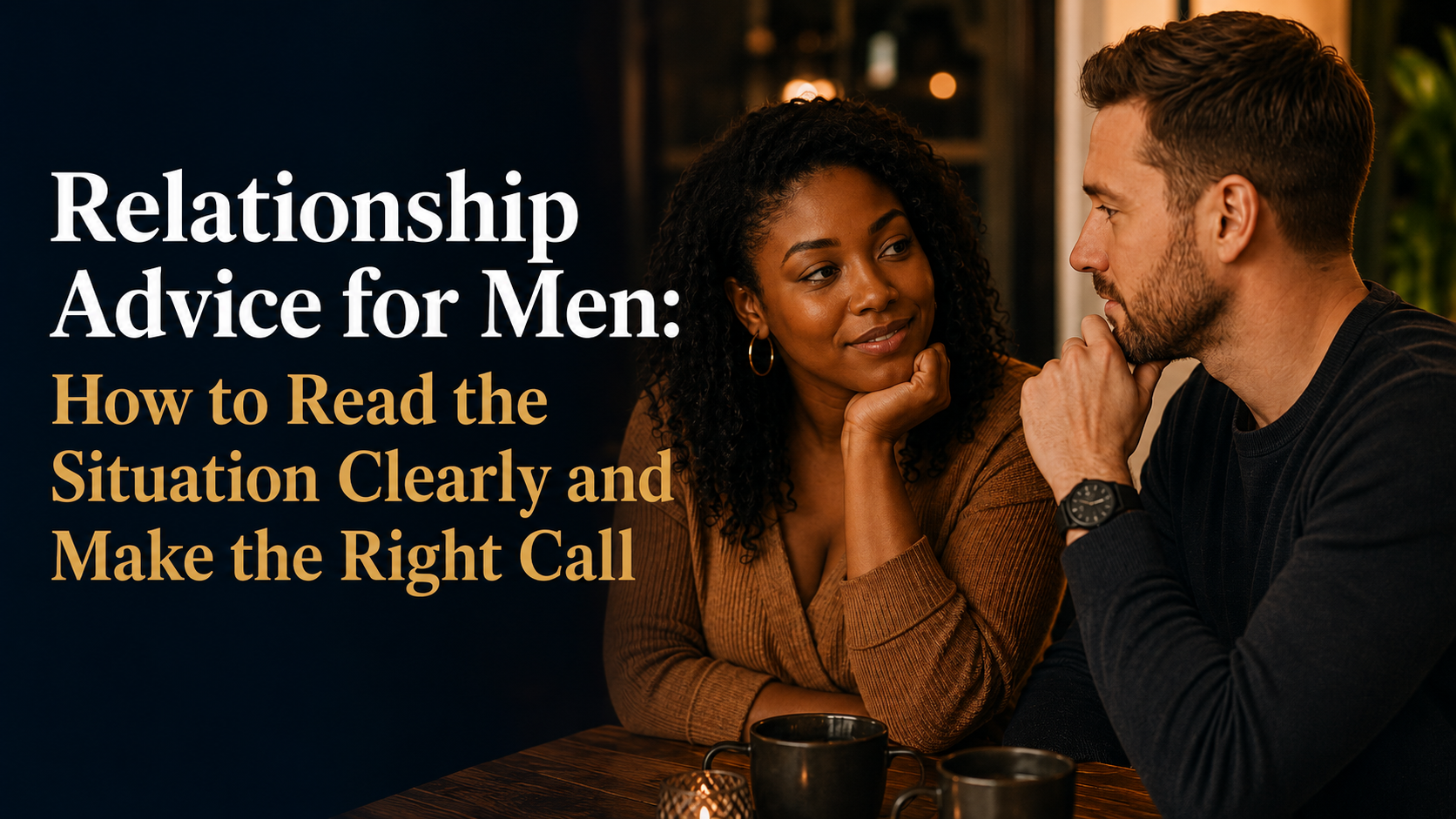 Man and woman looking at each other happily discussing their relationship in a cozy café.