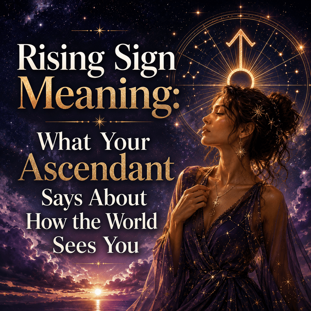 Rising sign astrology image with ascendant symbol and a woman representing how your ascendant influences the way the world sees you.