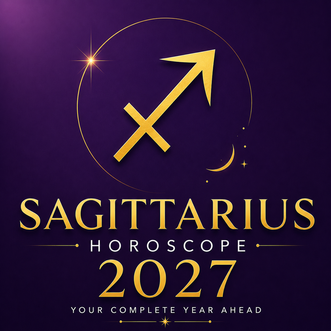 Gold Sagittarius zodiac symbol on a deep violet background with “Sagittarius Horoscope 2027: Your Complete Year Ahead.”