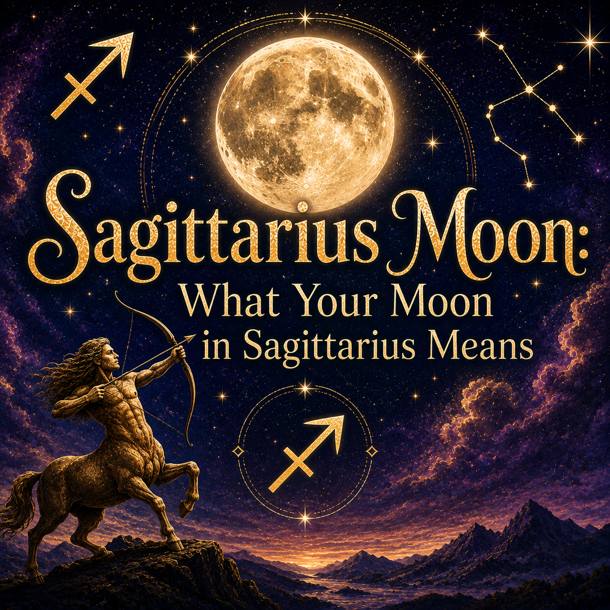 Celestial Sagittarius Moon graphic with a glowing full moon, Sagittarius symbol, golden centaur archer, stars, and mountains.