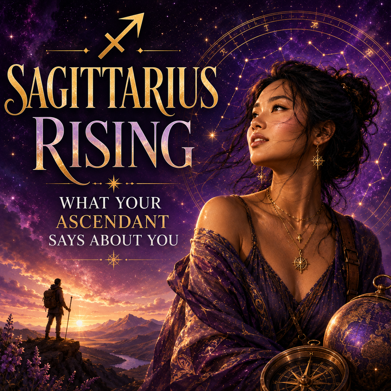 Celestial Sagittarius Rising image with a woman, mountain traveler, Sagittarius symbol, and gold astrology details against a purple cosmic sky.