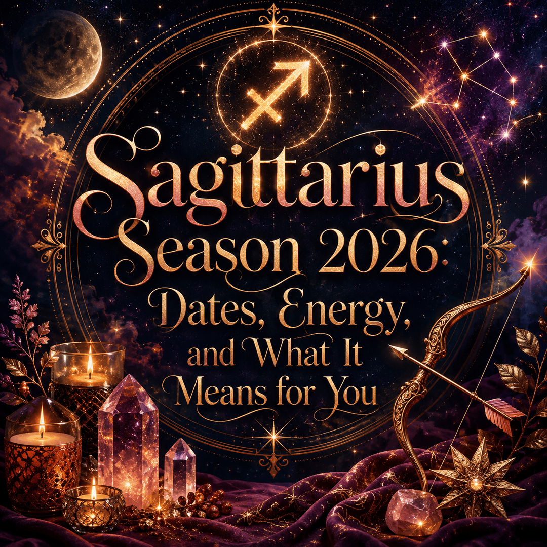 Celestial Sagittarius Season 2026 image featuring the Sagittarius zodiac symbol, glowing bow and arrow, stars, moon, crystals, candles, and rich purple and gold tones.