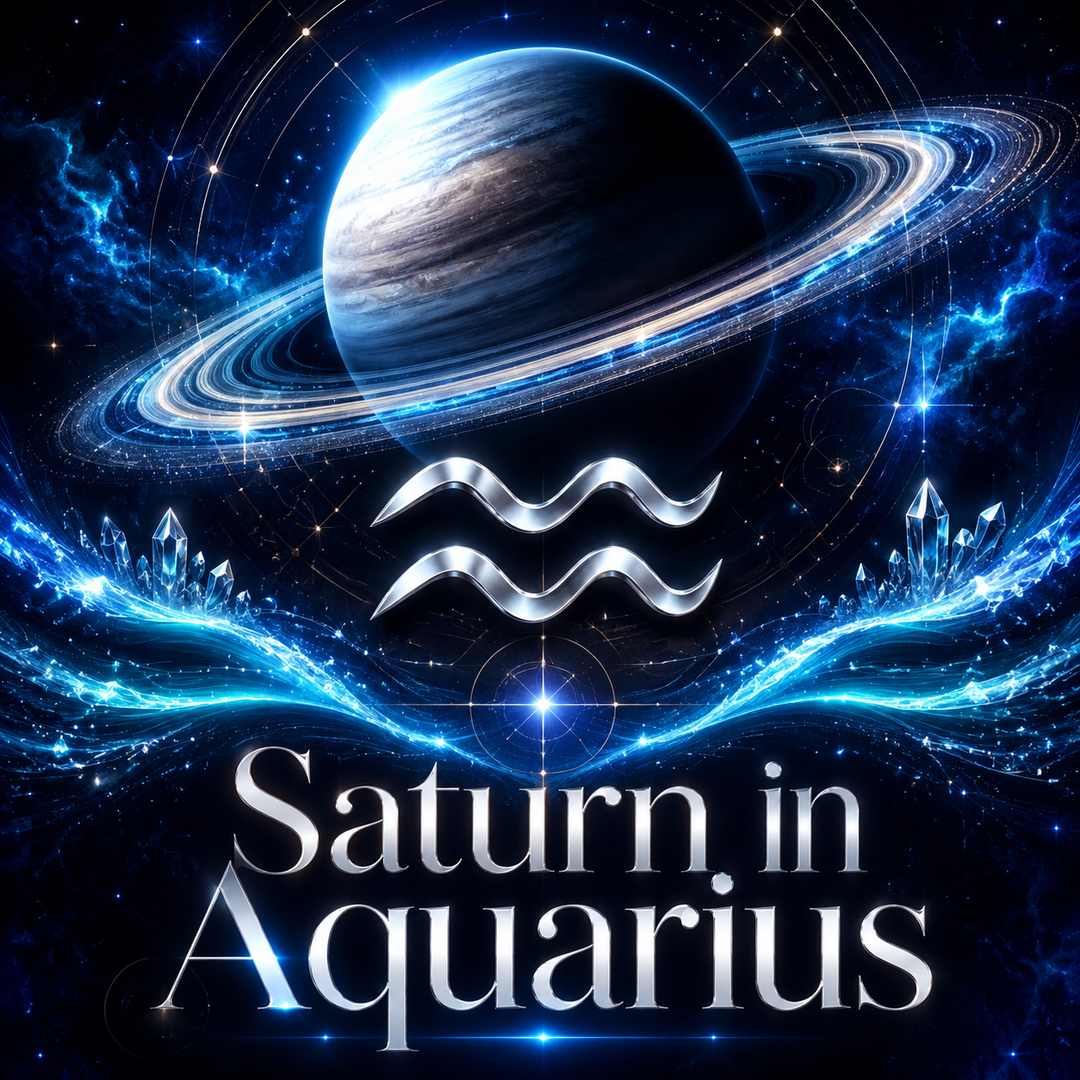 Saturn and the Aquarius symbol surrounded by luminous blue waves and crystals.