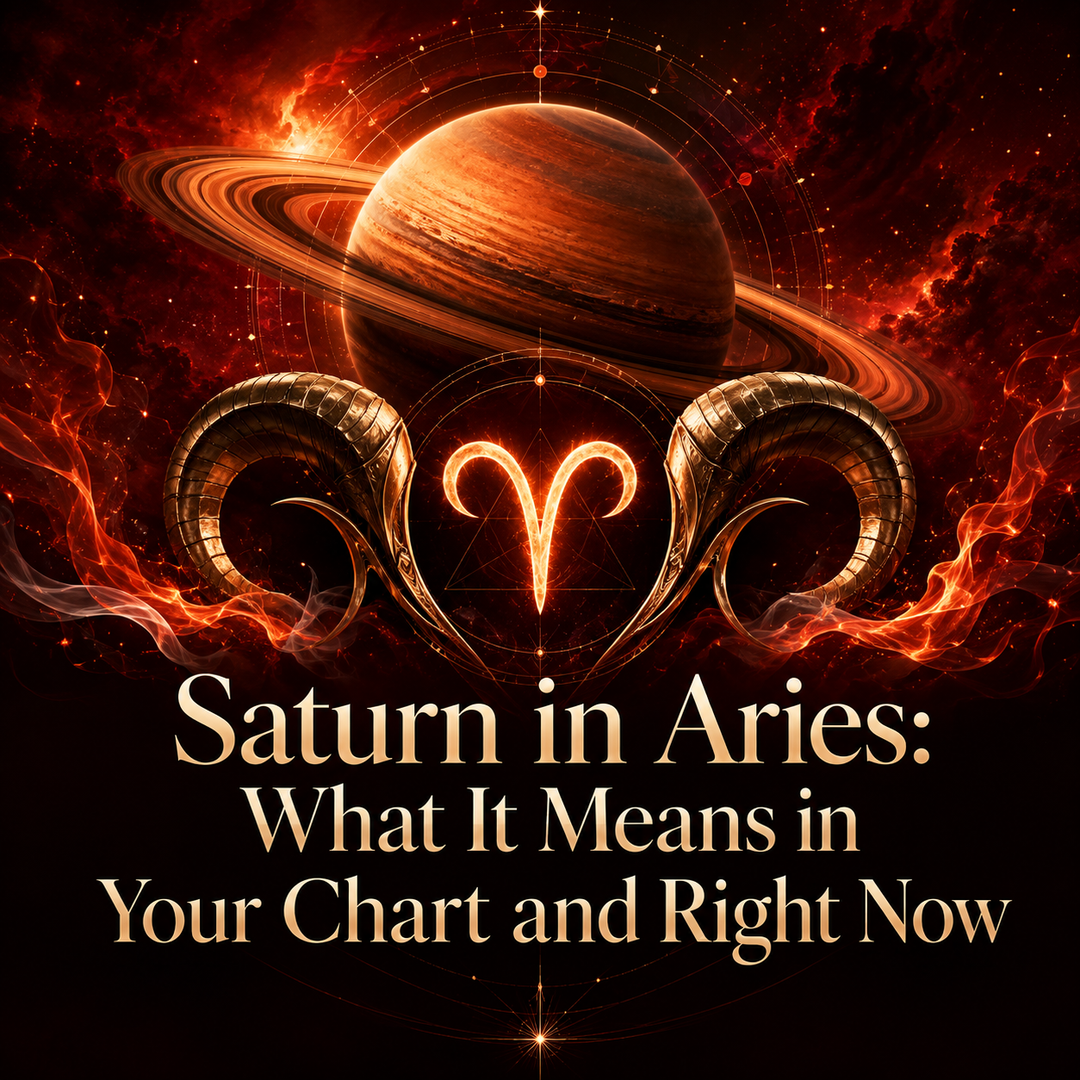 Saturn and the Aries symbol surrounded by metallic ram horns and flames.