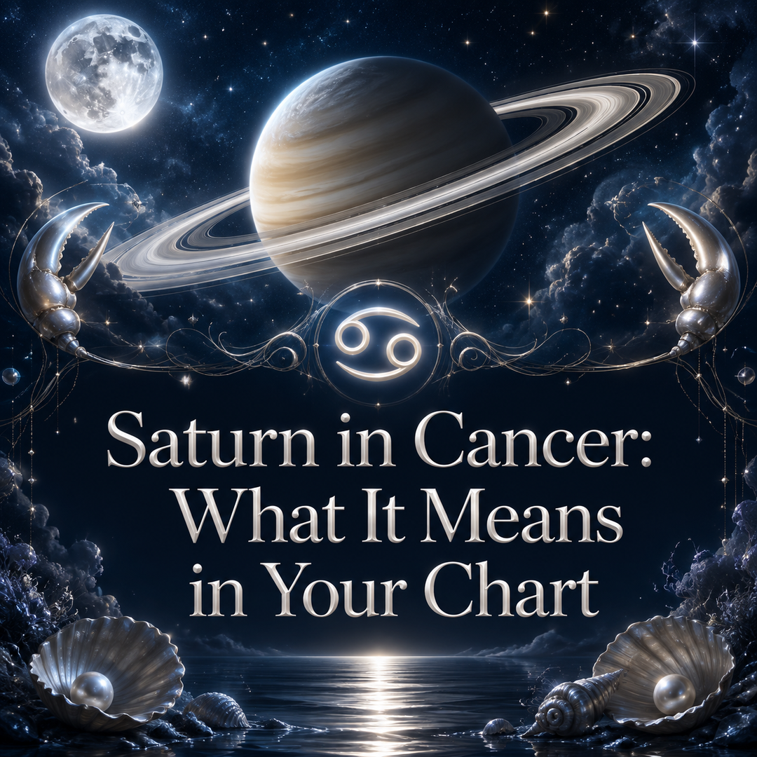 Saturn and the Cancer symbol above moonlit water with pearls and silver claws.