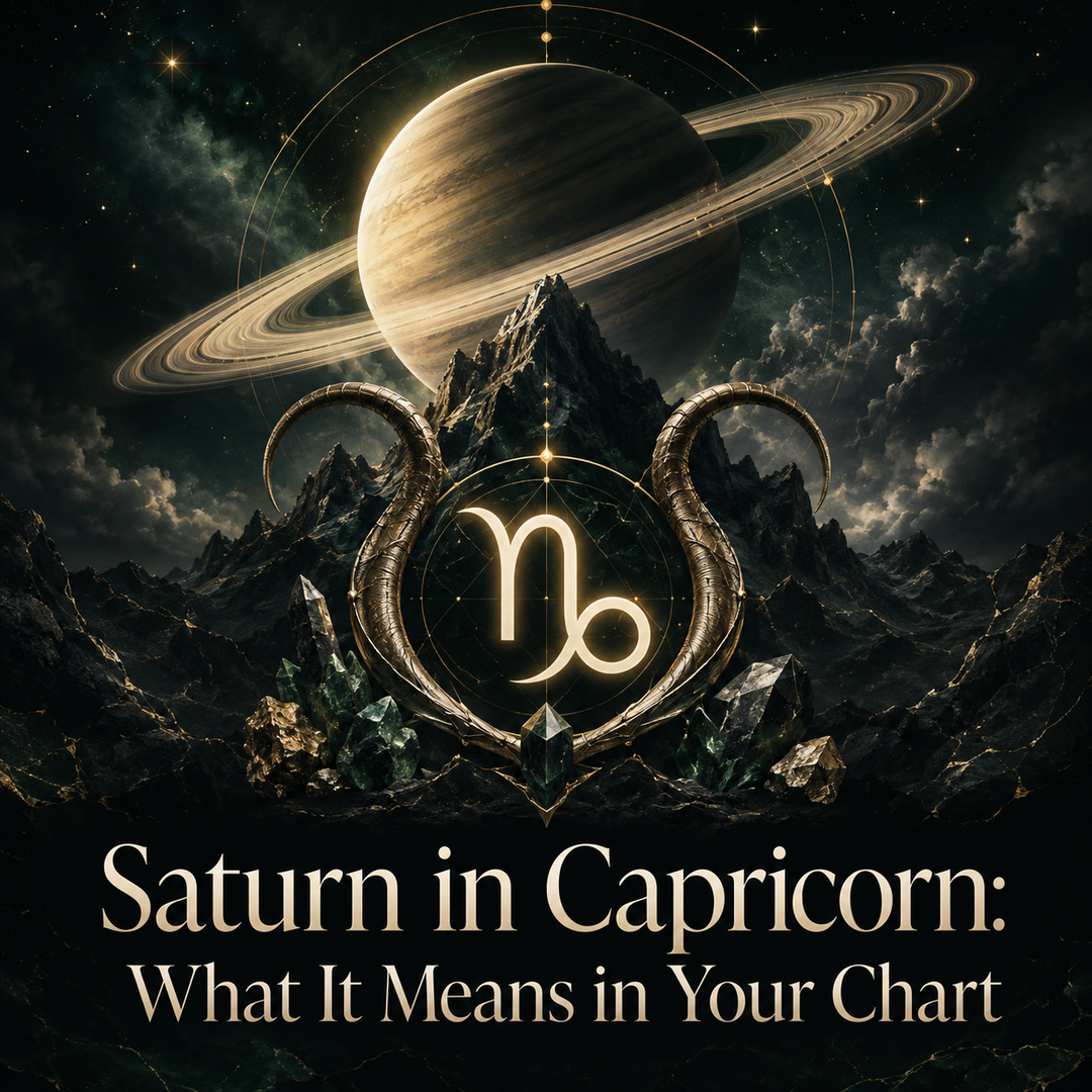 Saturn and the Capricorn symbol above dark mountain peaks and crystals.