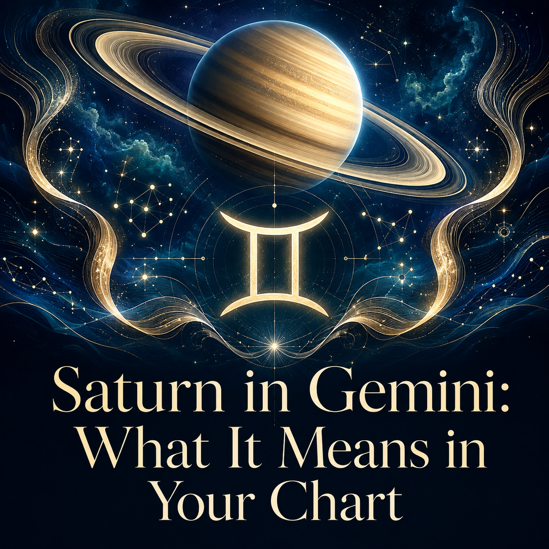 Saturn and the Gemini symbol surrounded by mirrored golden ribbons in a blue celestial sky.