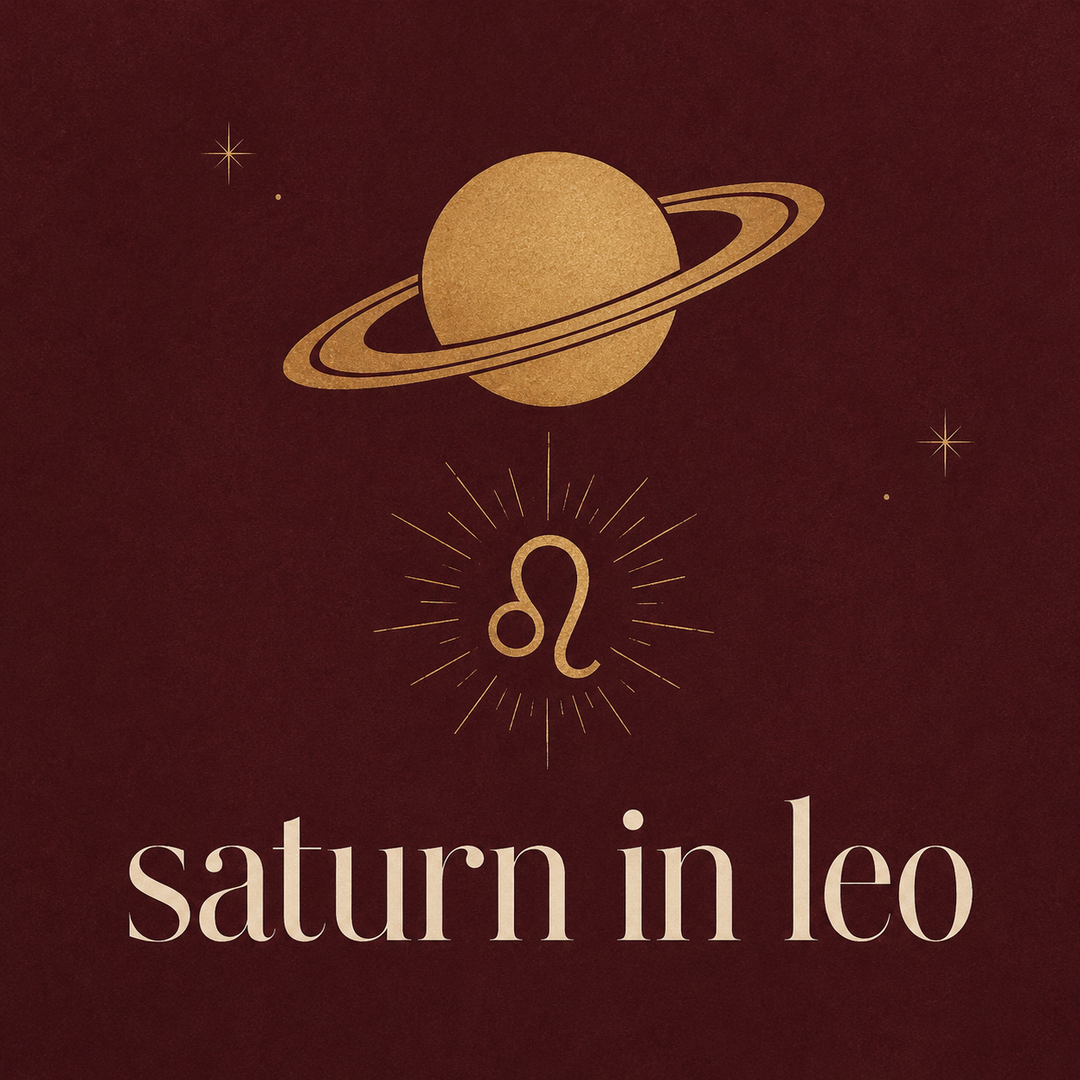 Gold Saturn and Leo symbols on a burgundy background with the words Saturn in Leo.