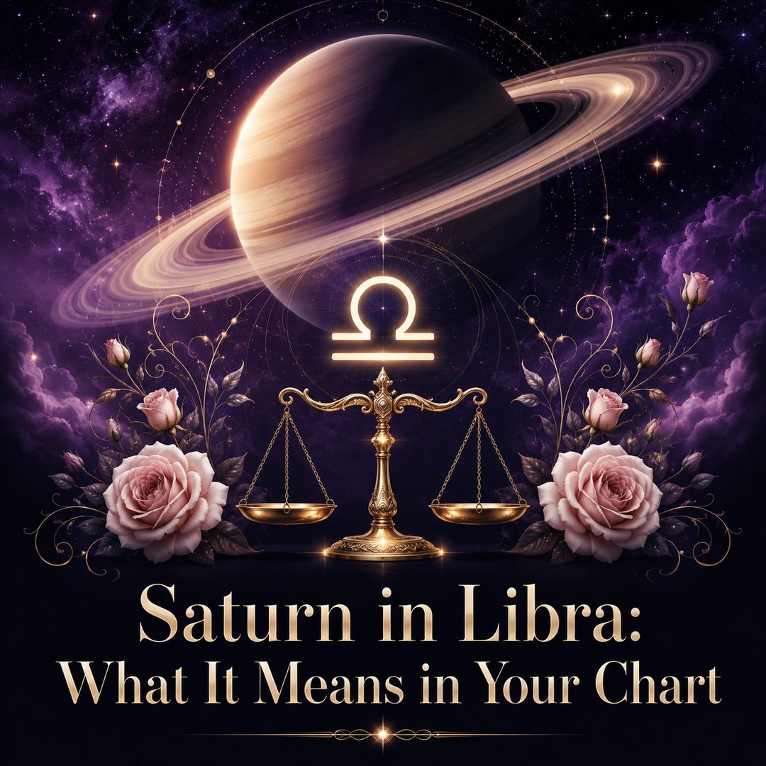 Saturn and the Libra symbol above golden scales framed by pale roses.