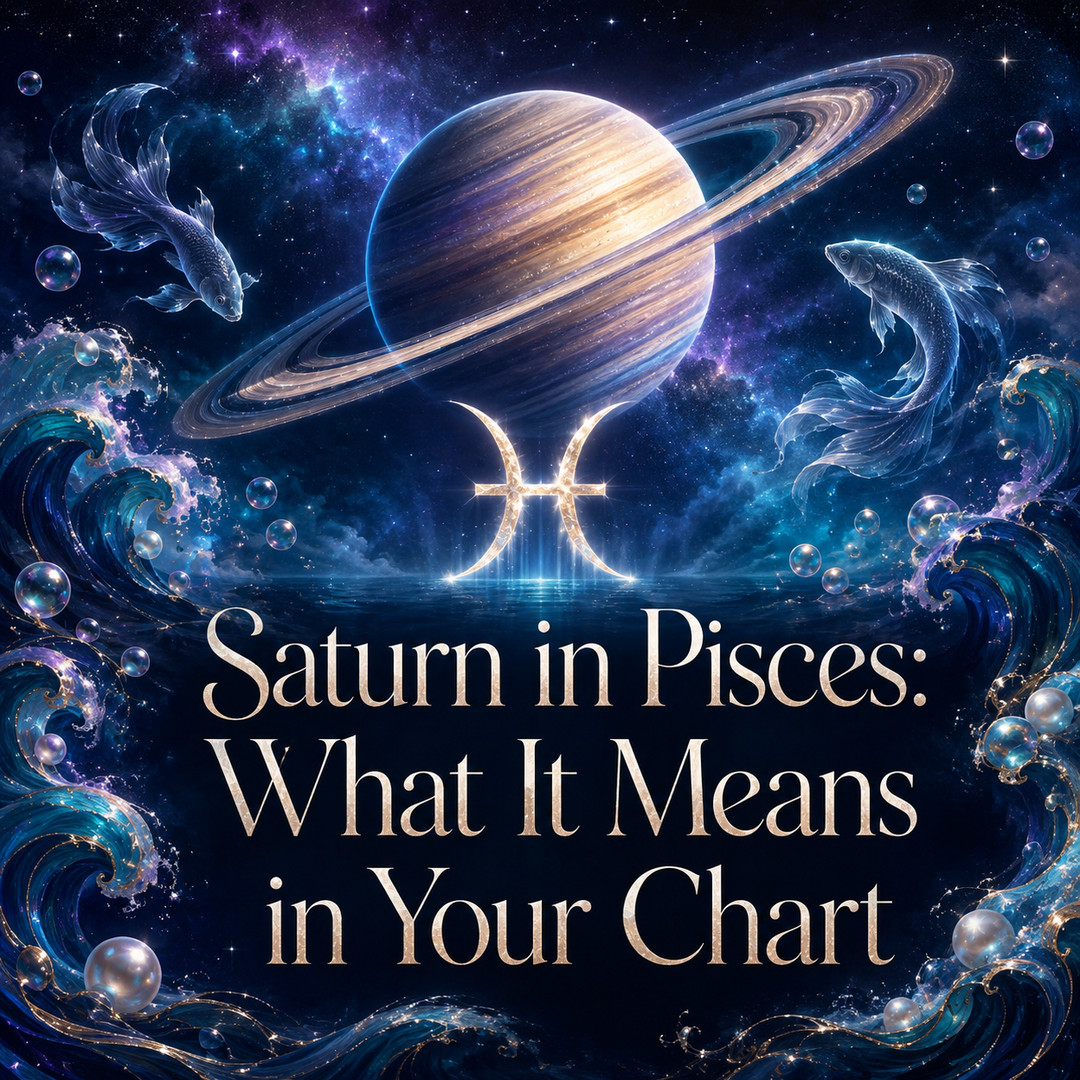 Saturn and the Pisces symbol surrounded by ocean waves and two fish.