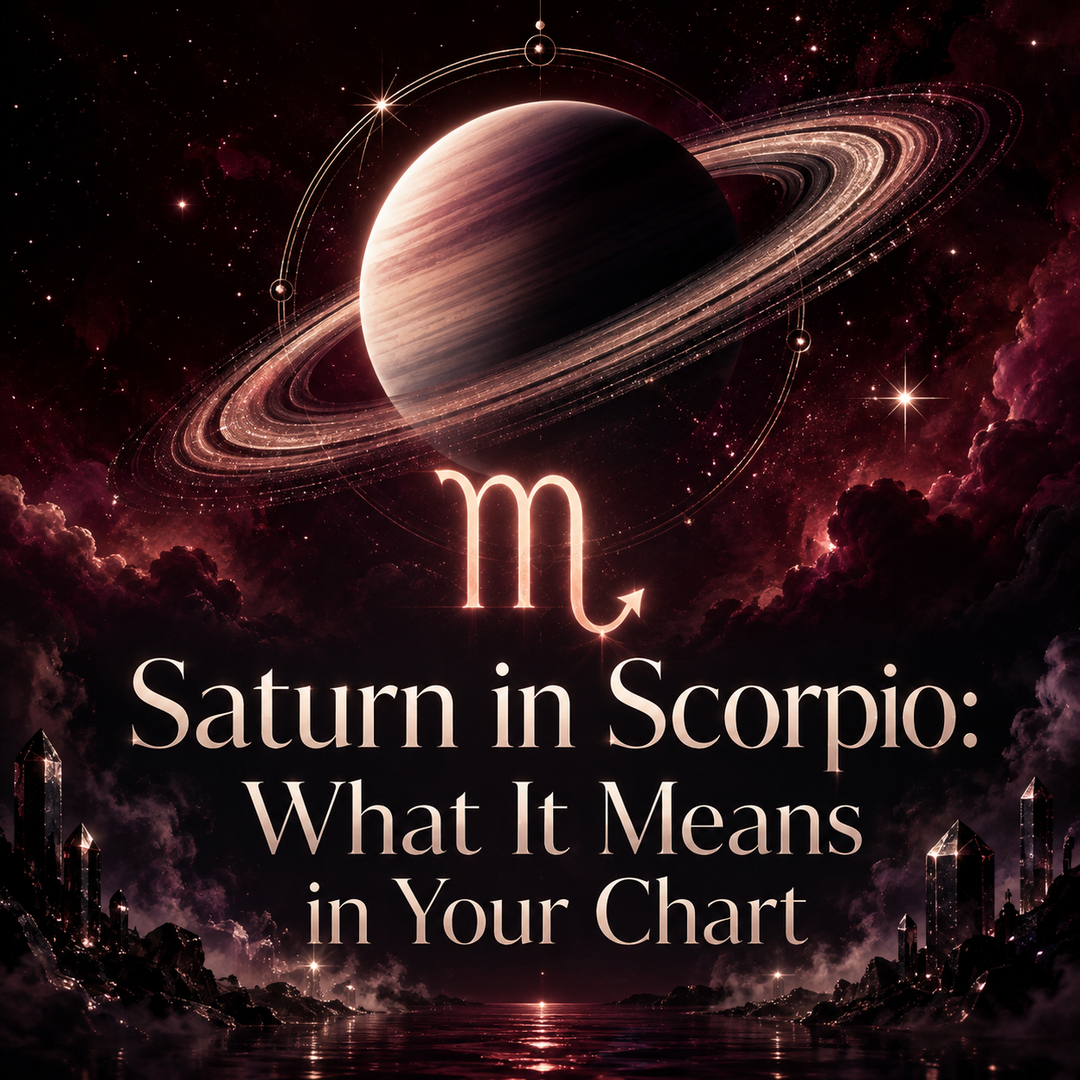 Saturn and the Scorpio symbol above dark water and obsidian crystals.