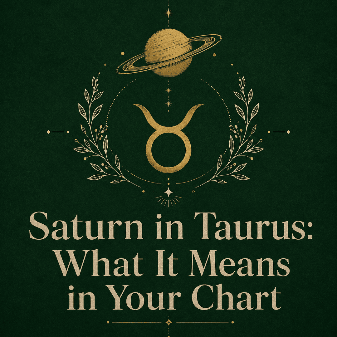 Gold Saturn and Taurus symbol on a deep emerald background.