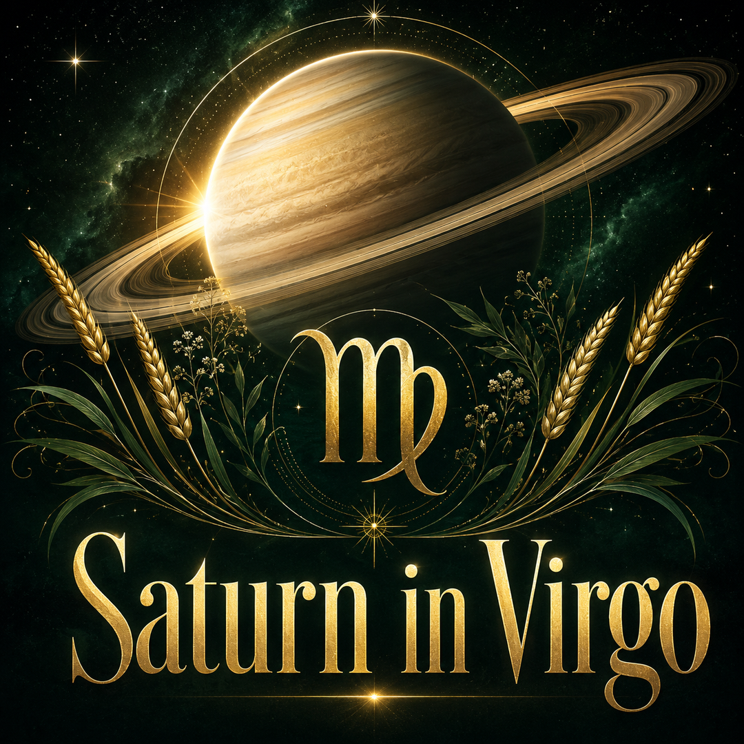 Saturn with the Virgo symbol and golden wheat against a deep green celestial sky.