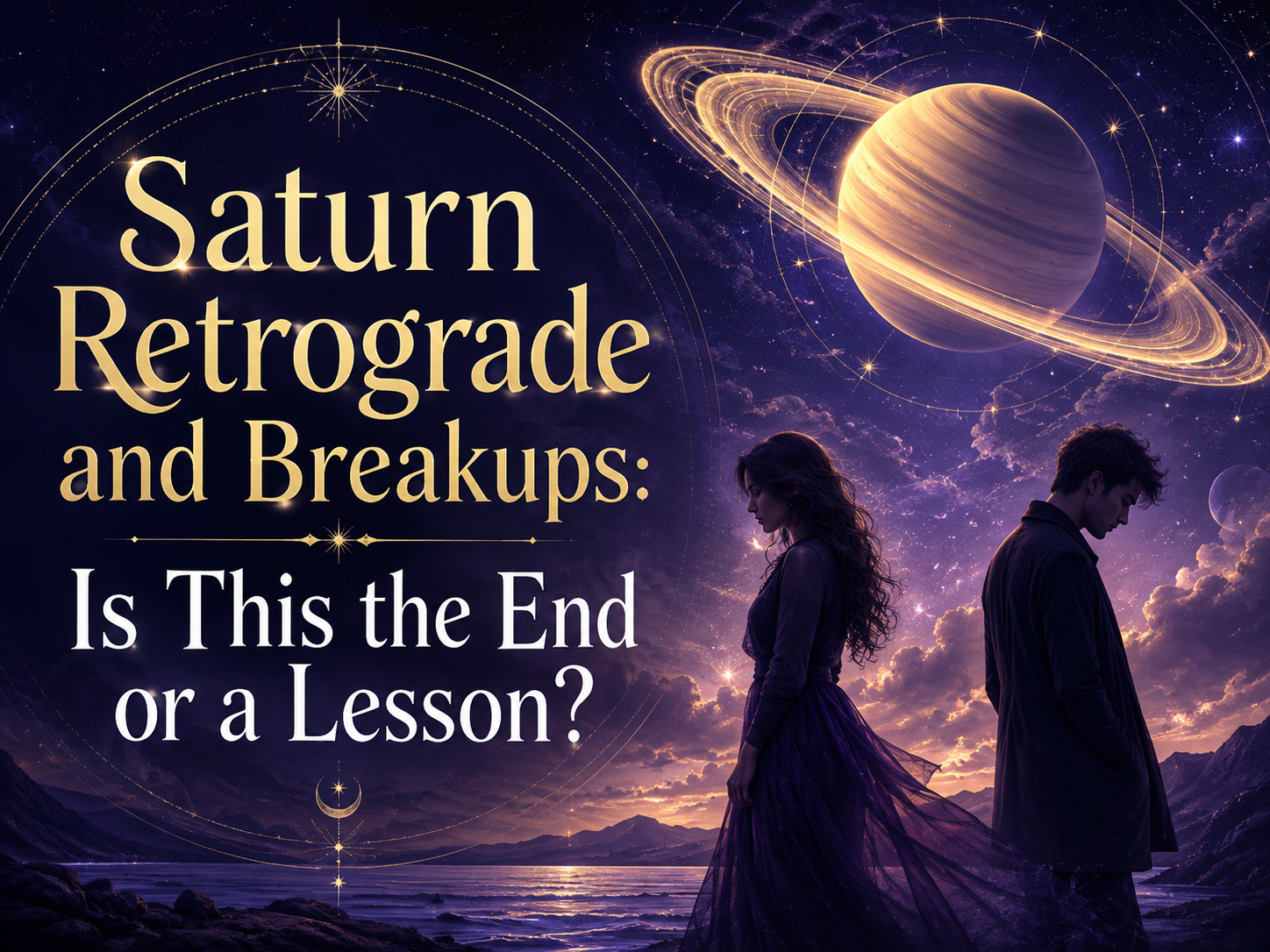 Saturn retrograde and breakups with a couple standing apart beneath Saturn in a violet night sky.