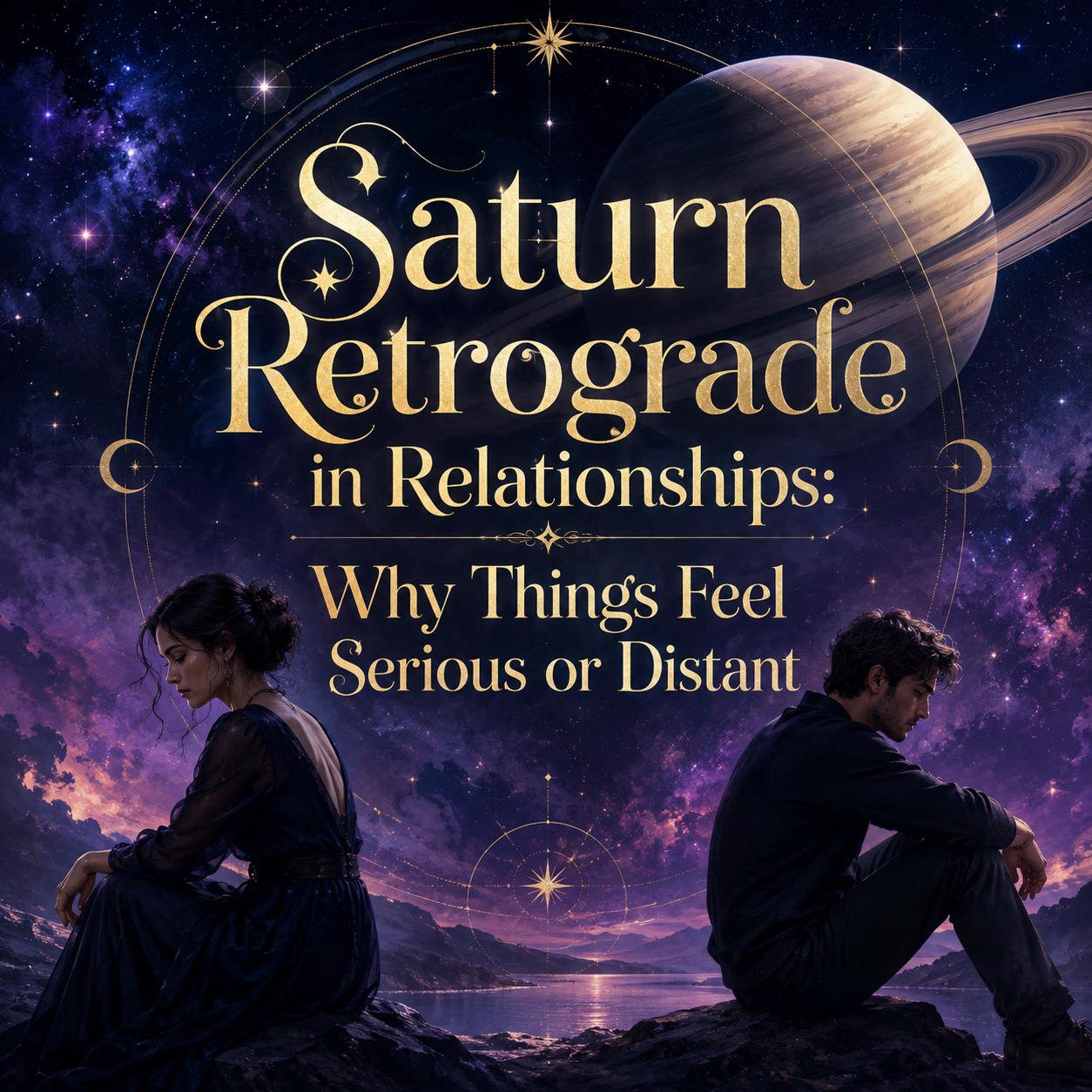 Saturn retrograde in relationships illustrated by Saturn above a serious, emotionally distant couple sitting apart under a celestial sky.