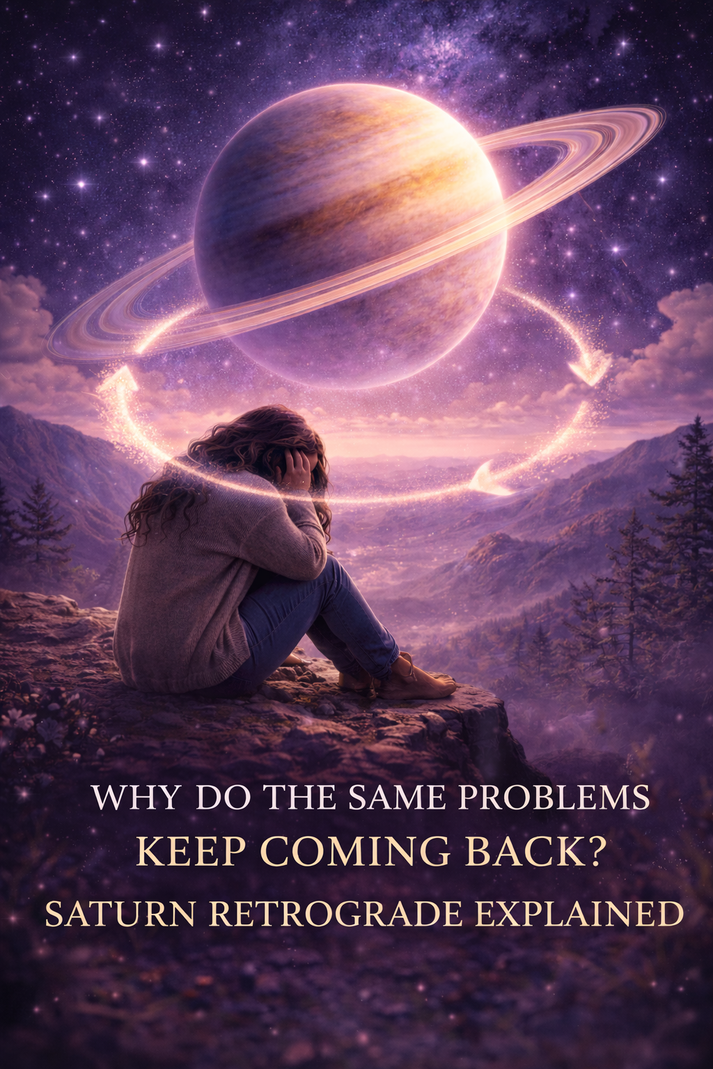 woman experiencing repeating life patterns during Saturn retrograde with emotional reflection under a starry sky