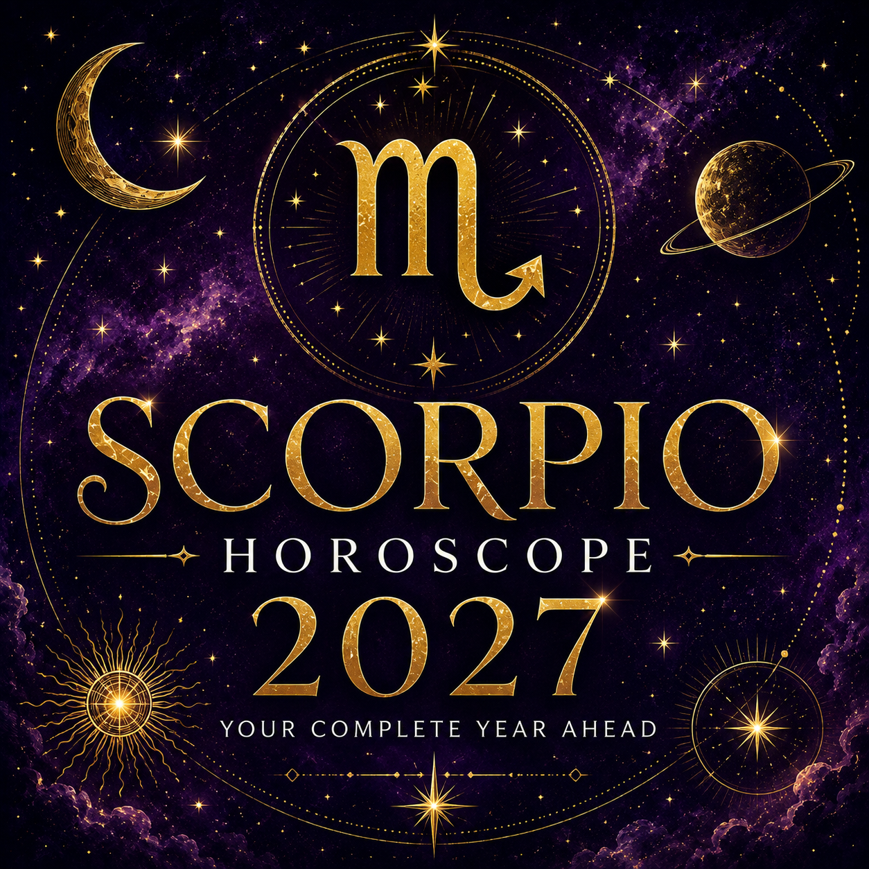 Gold Scorpio zodiac symbol with celestial details on a deep violet background with “Scorpio Horoscope 2027: Your Complete Year Ahead.”