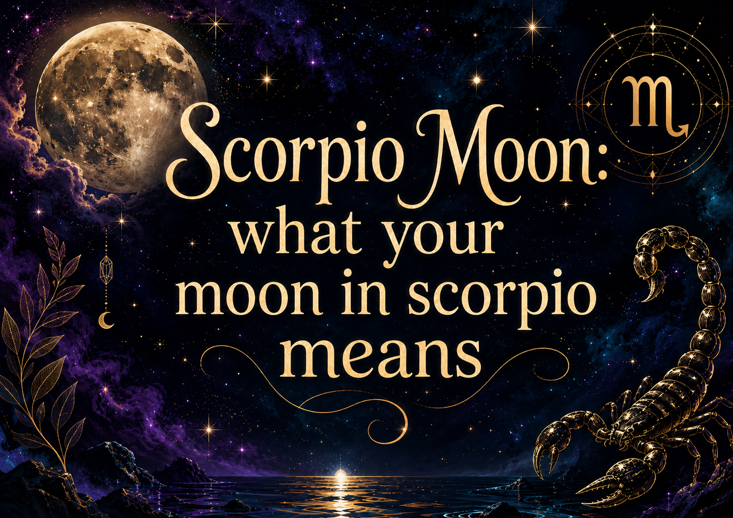 Celestial Scorpio Moon graphic with a glowing moon, stars, Scorpio symbol, and golden scorpion.