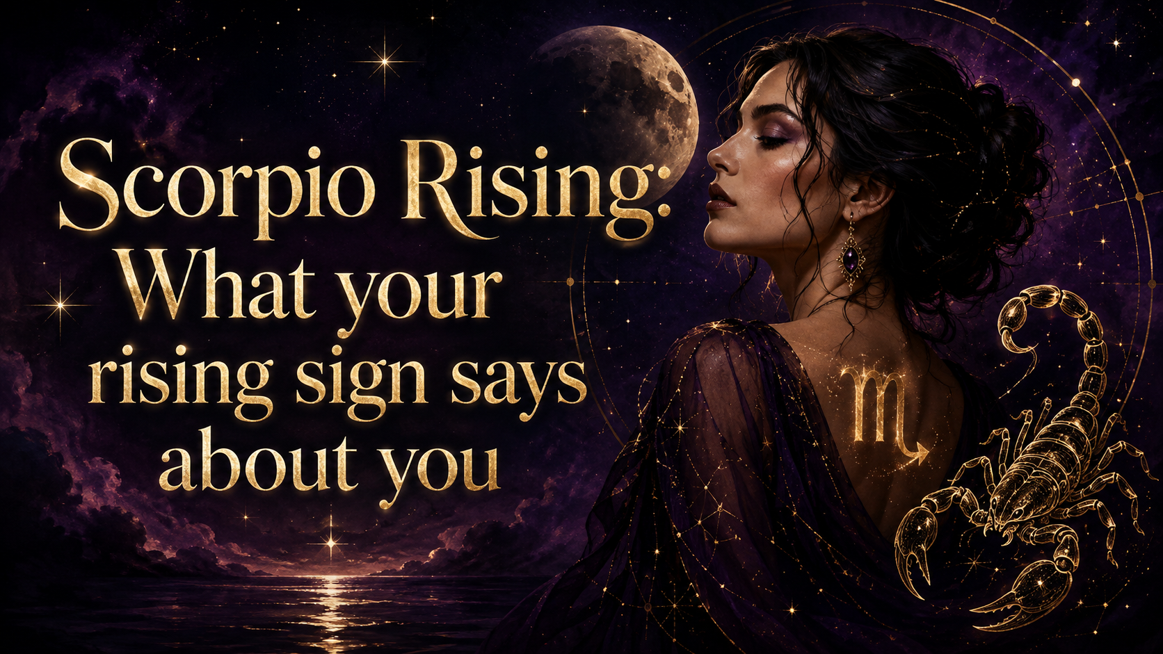 Mystical Scorpio Rising image with a woman in profile, a glowing scorpion, and a cosmic purple night sky.