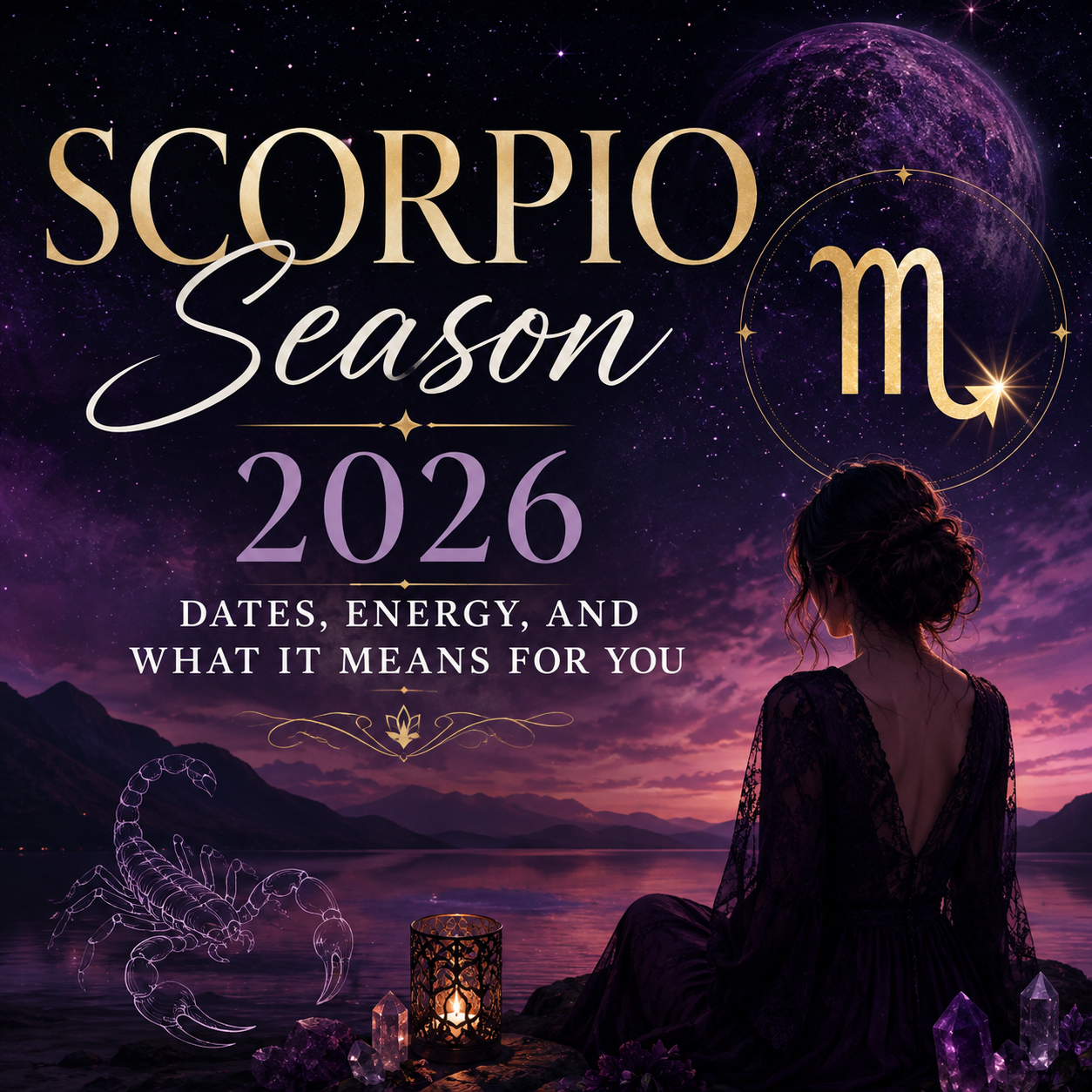Scorpio Season 2026 astrology image with a celestial purple sky, Scorpio symbol, scorpion, crystals, and a reflective woman beside a moonlit lake.