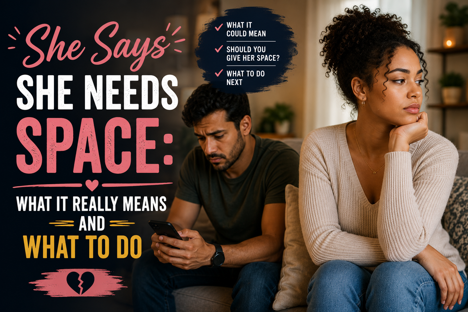 Woman sitting apart from a concerned man after saying she needs space in their relationship.