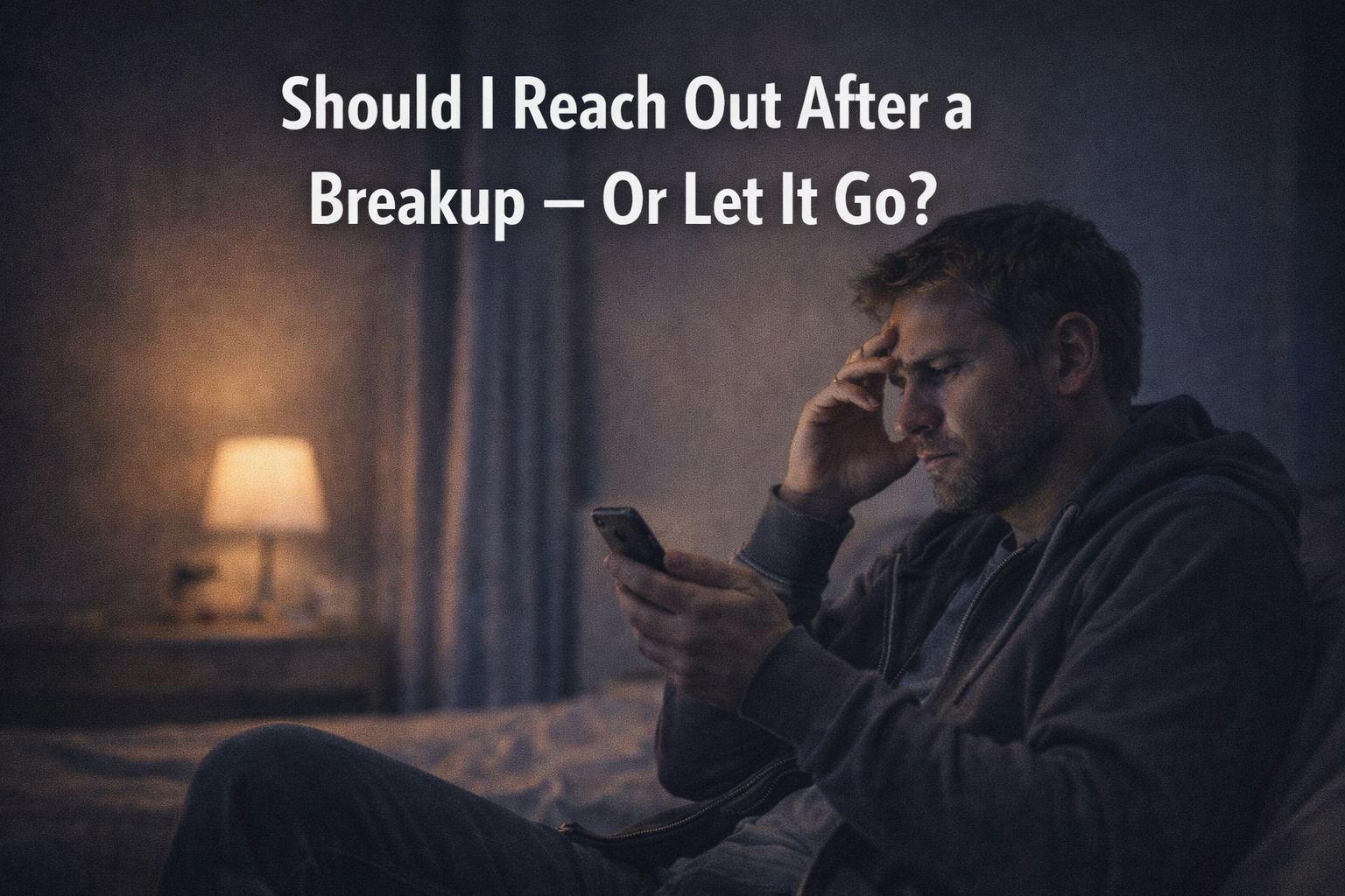 Man holding his phone debating whether to reach out after a breakup