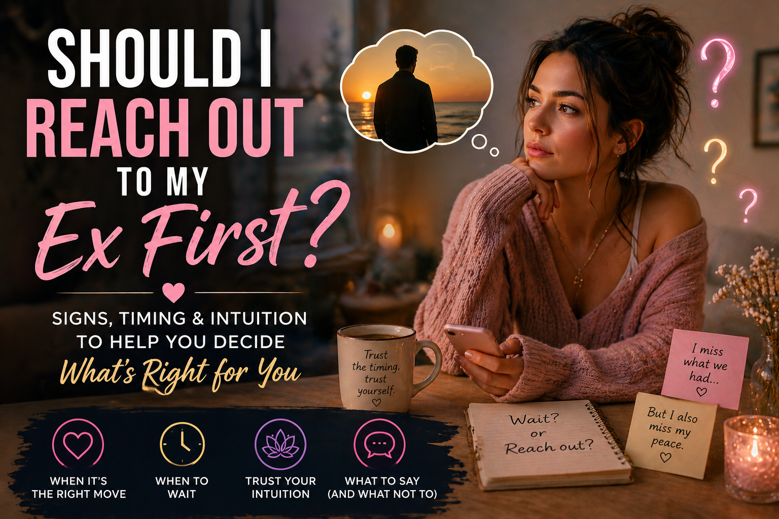 Woman thinking about whether to reach out to her ex while holding her phone, reflecting on love, timing, and intuition