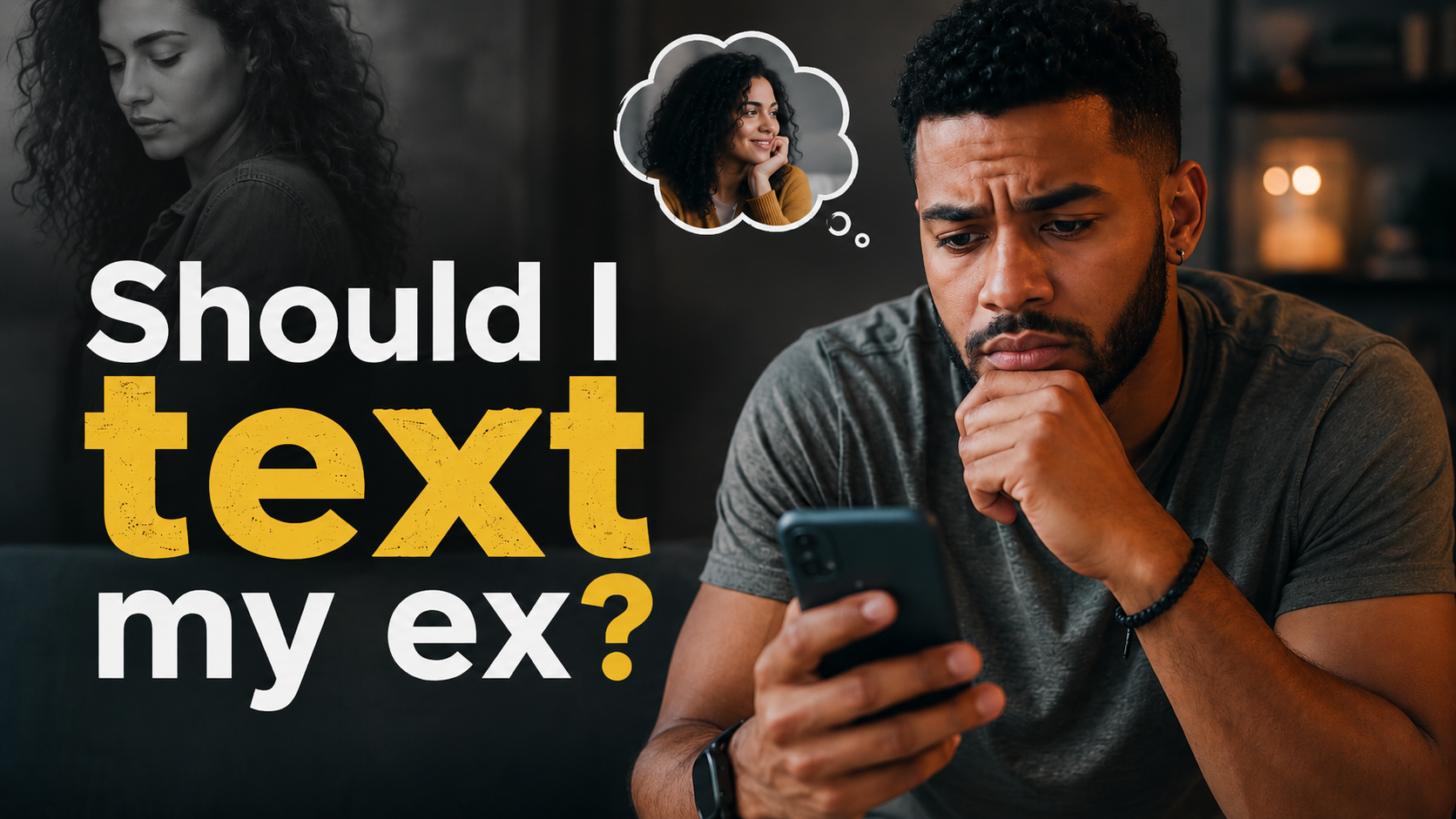 Thoughtful man looking at his phone and wondering whether he should text his ex.