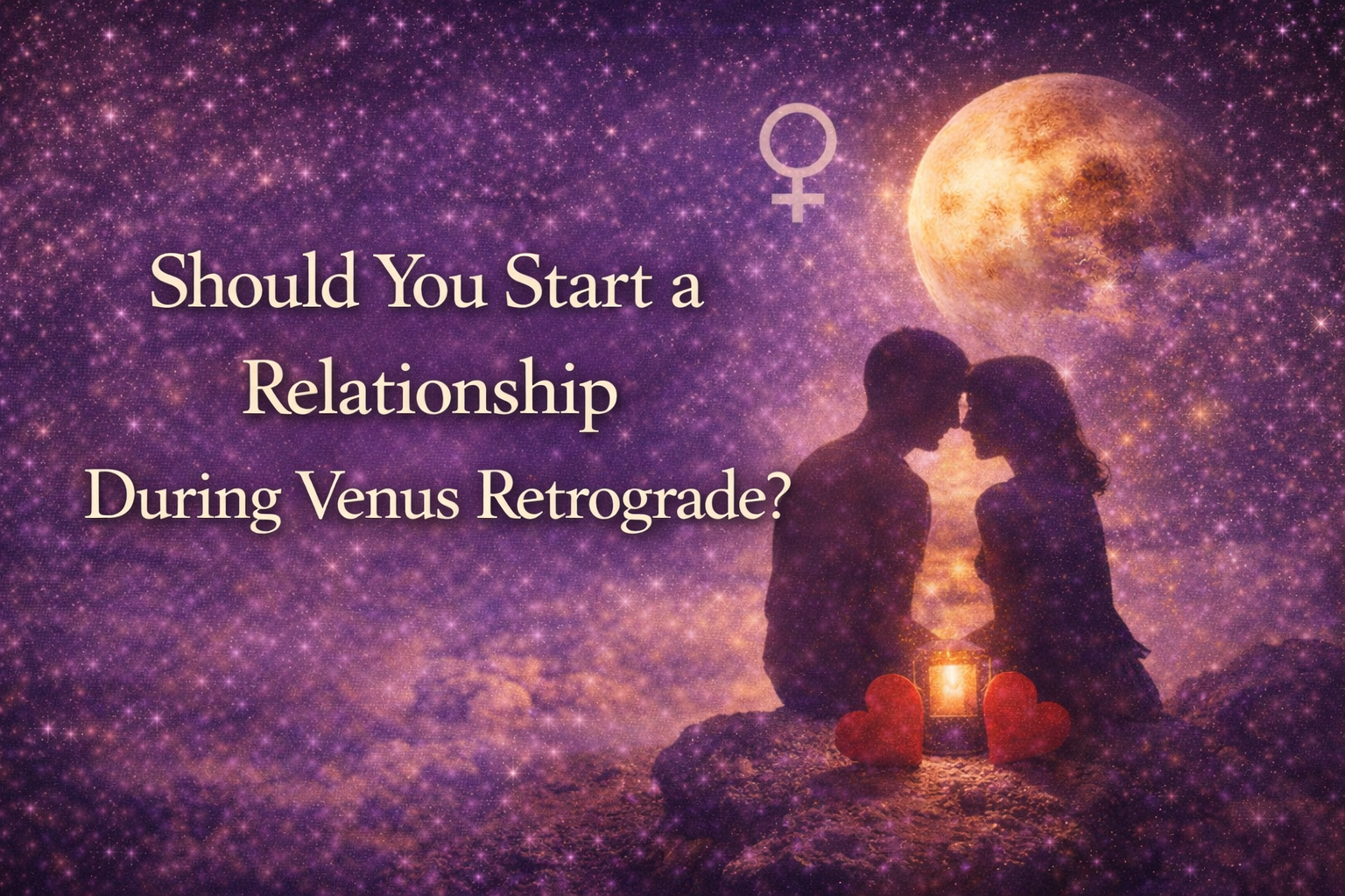Venus Retrograde 2026 image asking if you should start a relationship during Venus retrograde, showing a silhouetted couple under a cosmic sky with the planet Venus.