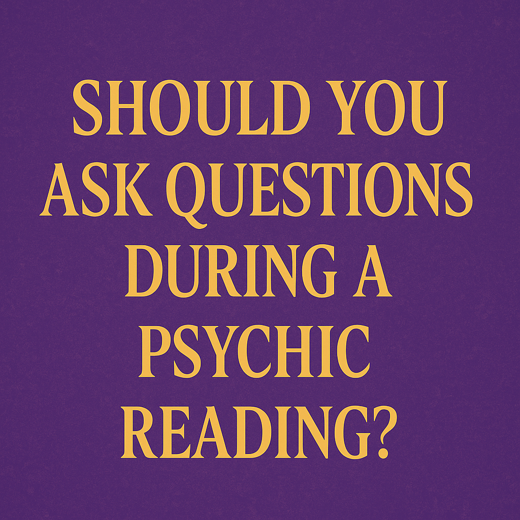 Violet and gold graphic with bold text reading ‘Should You Ask Questions During a Psychic Reading?’ — psychic-themed image for The Psychic Line blog.