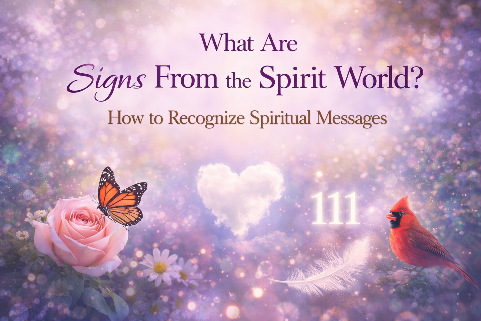 Spiritual symbols including flowers, butterfly, angel number 111, feather, and cardinal representing signs from the spirit world
