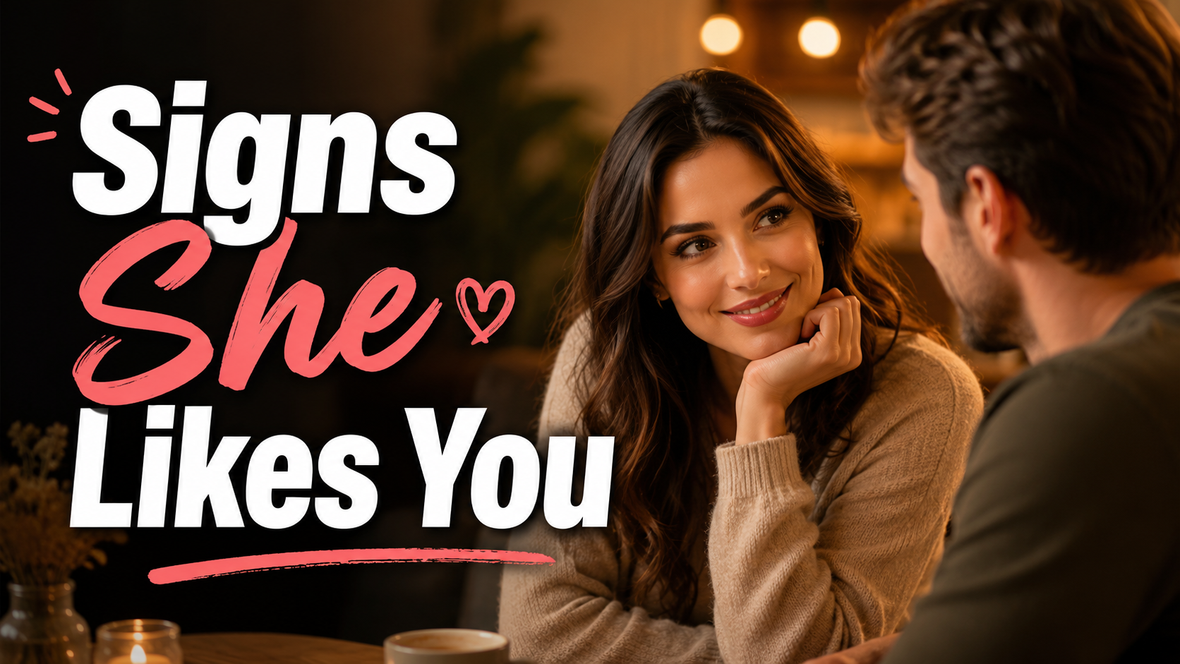 Smiling woman showing romantic interest while talking with a man in a cozy café.