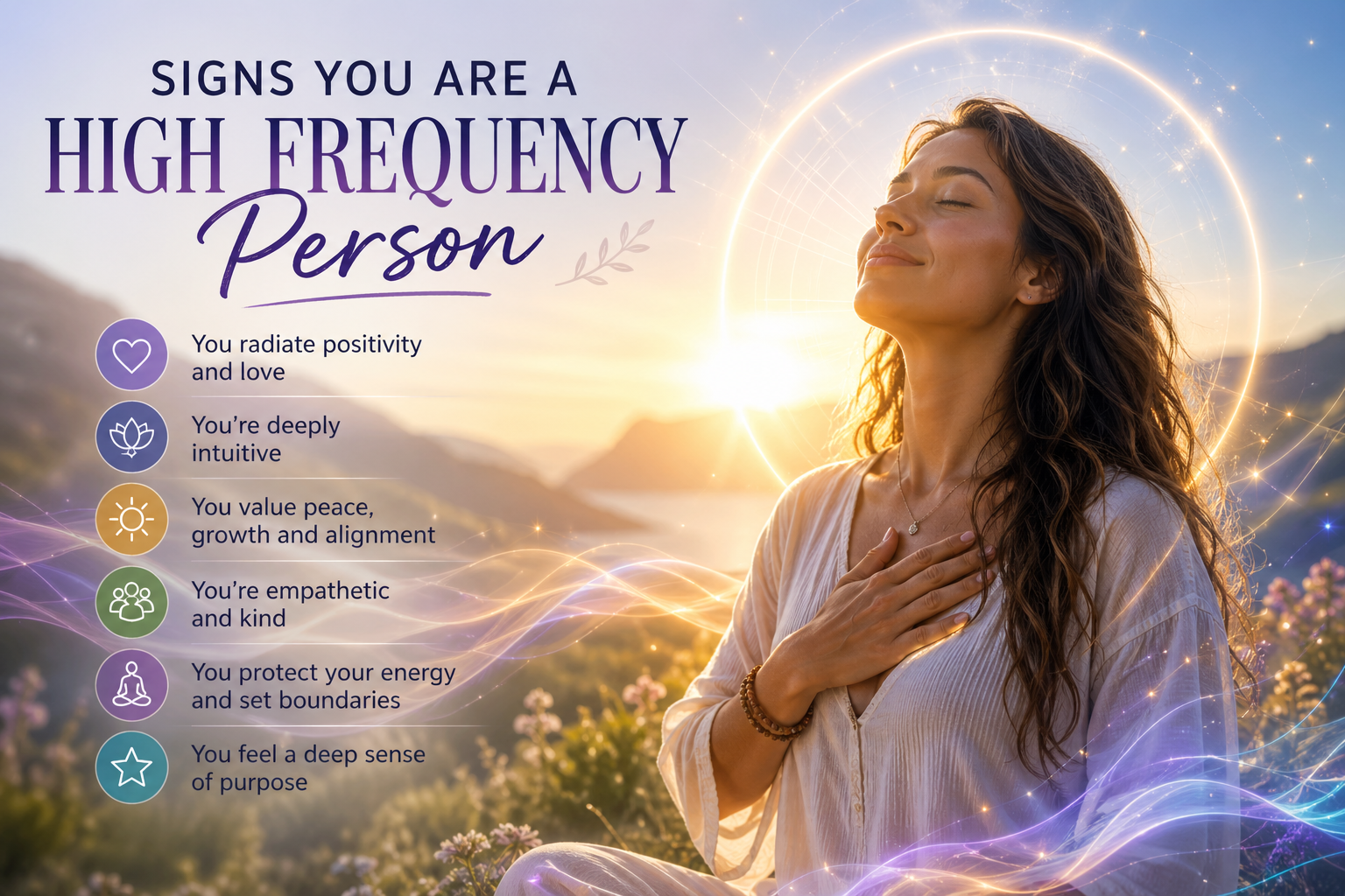 Woman in peaceful sunrise energy field representing signs of a high frequency person, including positivity, intuition, empathy, and emotional alignment
