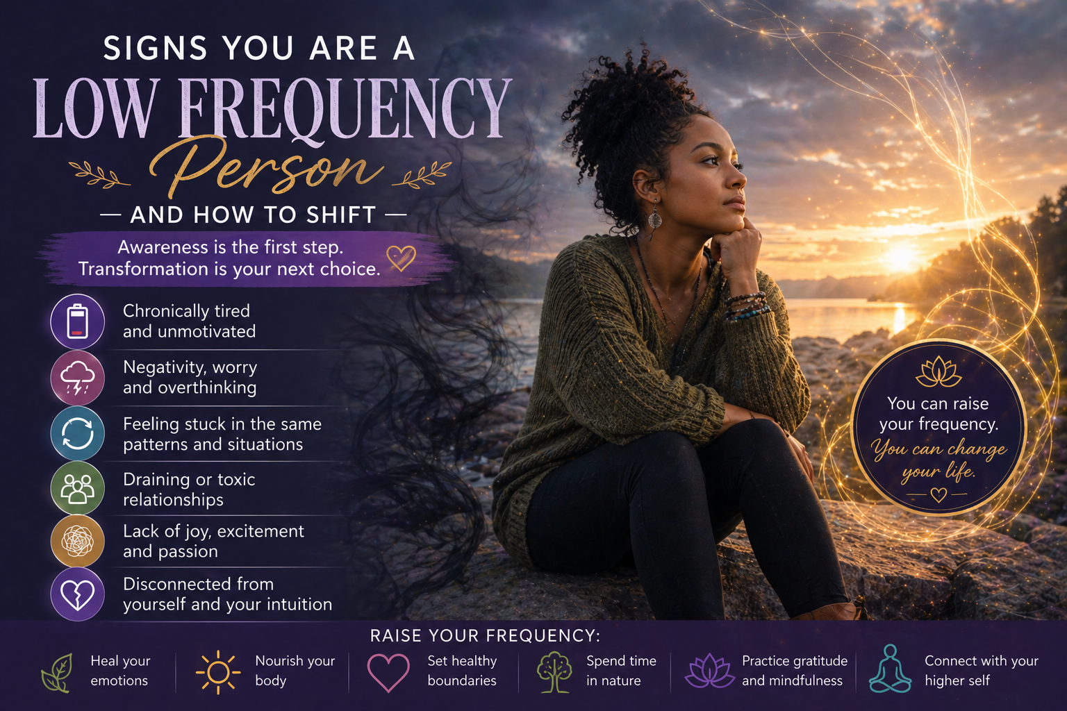 Woman sitting in reflection at sunset representing low vibrational energy, emotional heaviness, and the journey to raise your frequency and heal
