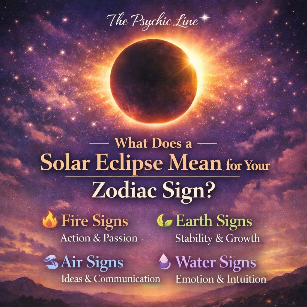 Solar eclipse astrology meaning for zodiac signs showing fire earth air and water elements with glowing eclipse representing transformation and new beginnings
