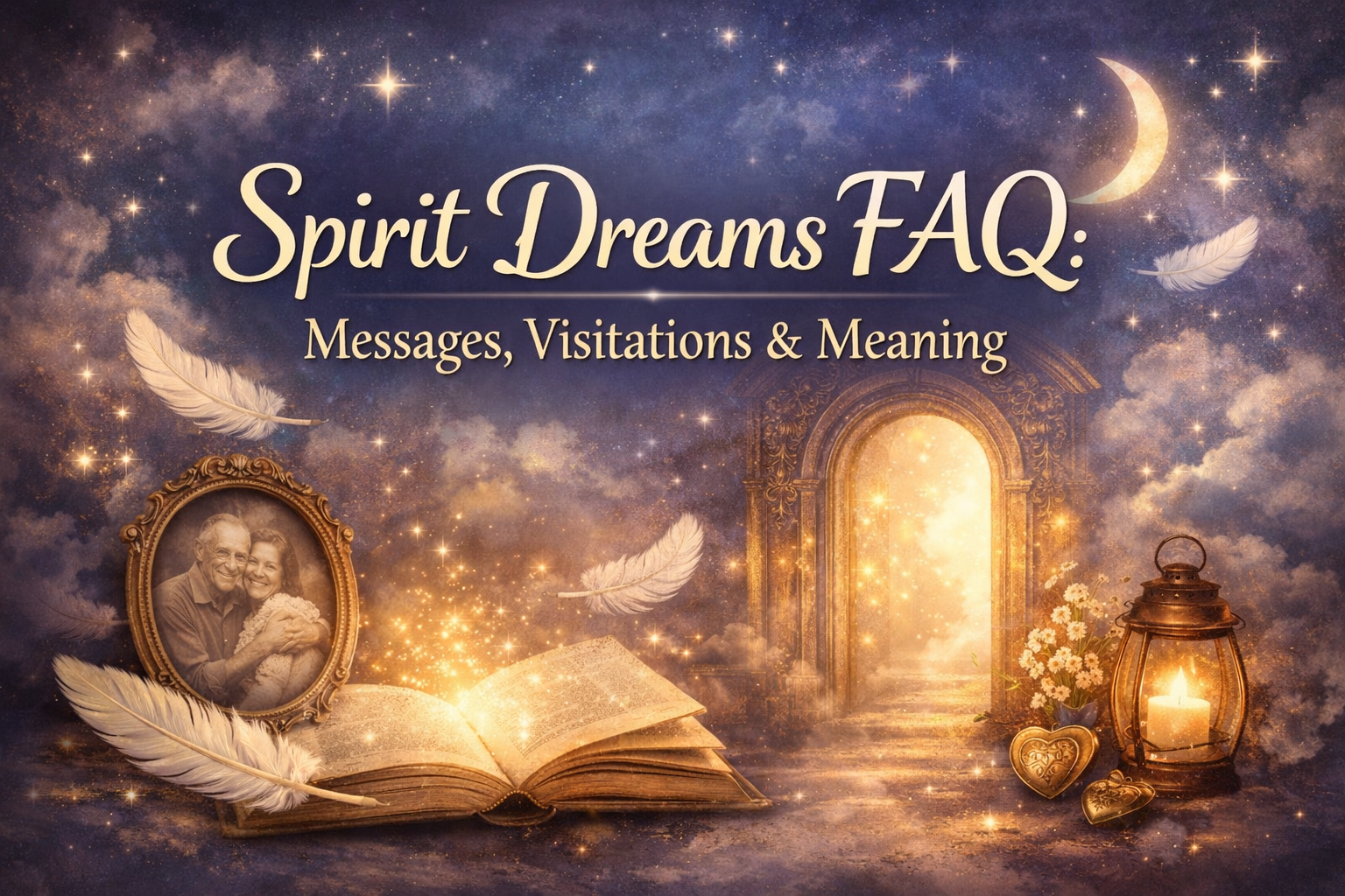 Spirit dreams FAQ illustration with glowing doorway, open book, feathers, lantern, and vintage photo symbolizing visitation dreams and messages from loved ones