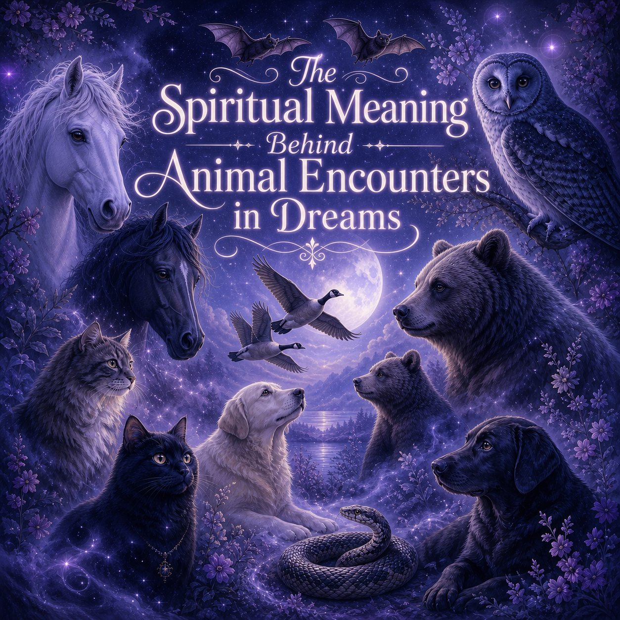 Mystical moonlit dream scene with horses, bats, an owl, geese, bears, cats, dogs, and a snake surrounding the title “The Spiritual Meaning Behind Animal Encounters in Dreams.”