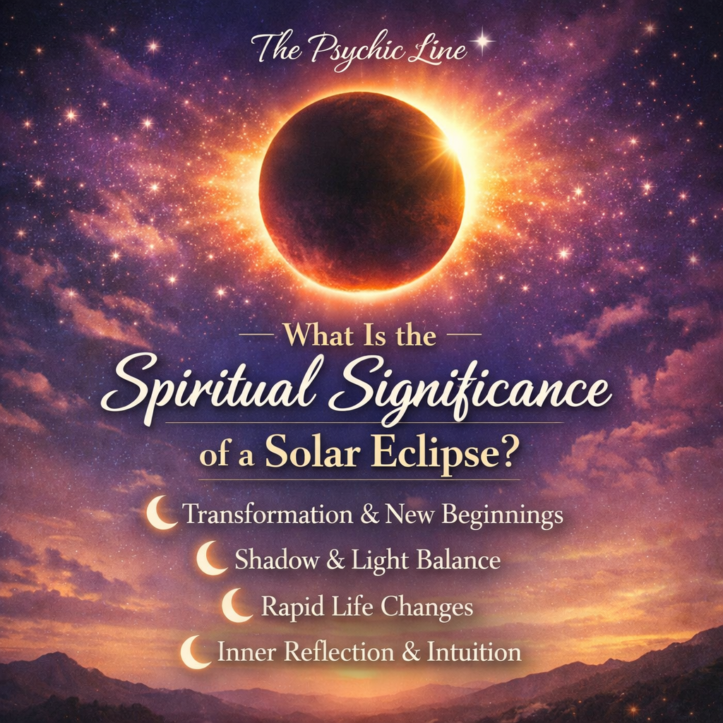 Spiritual meaning of a solar eclipse showing glowing eclipse in night sky symbolizing transformation, new beginnings, intuition, and cosmic energy