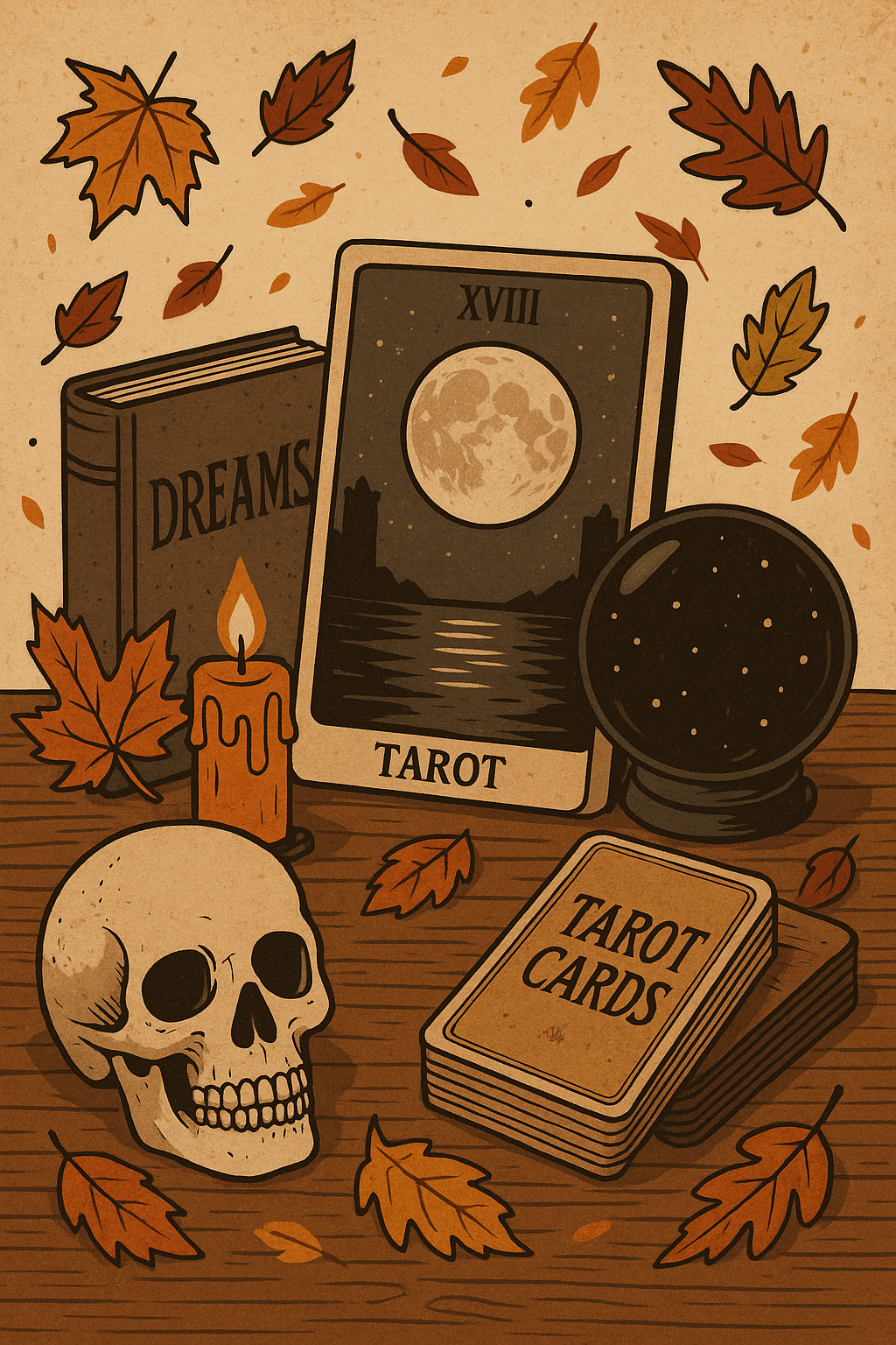 Autumn-themed mystical illustration featuring a tarot card with a full moon, a skull, crystal ball, candle, book titled "Dreams," and scattered fall leaves on a wooden surface.