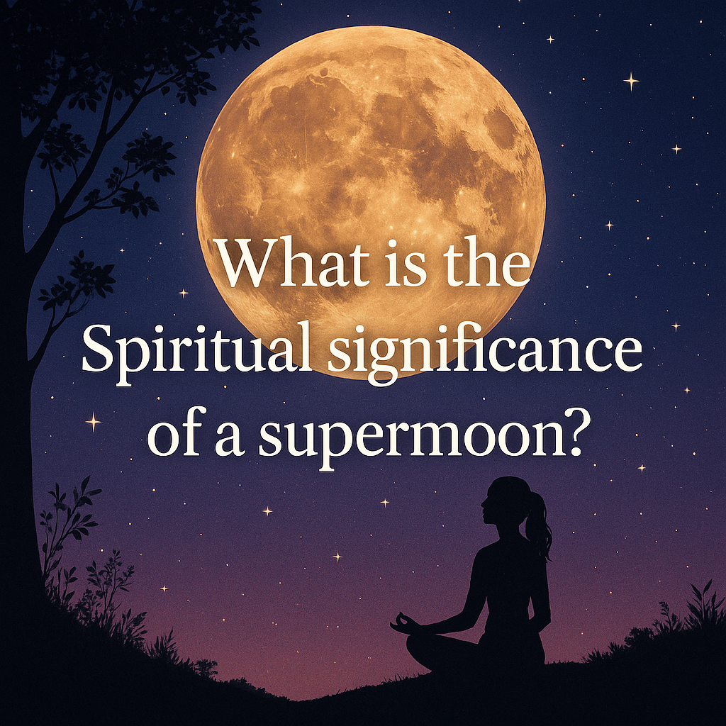 A glowing golden supermoon rises in a starry night sky, casting light over silhouetted trees and a meditating woman on a hill, symbolizing the mystical and spiritual significance of the supermoon